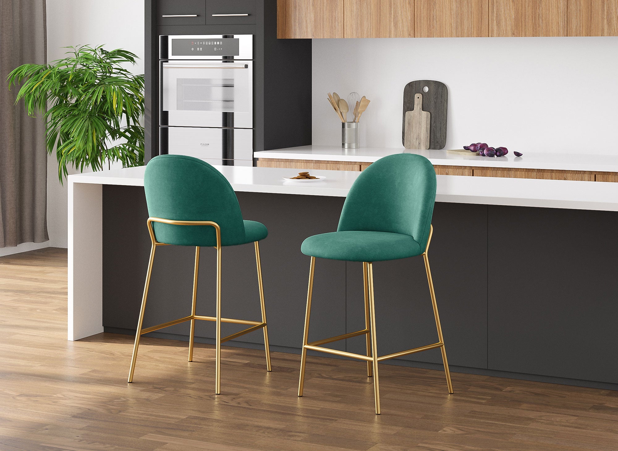 2er-Set Designer-Barhocker aus grünem Samt ARABEL