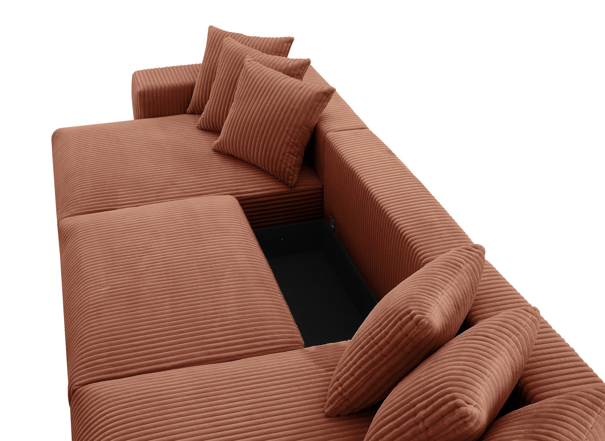 NOELIA wendbares Panorama-Schlafsofa mit Stauraum aus dickem Terrakotta-Cord
