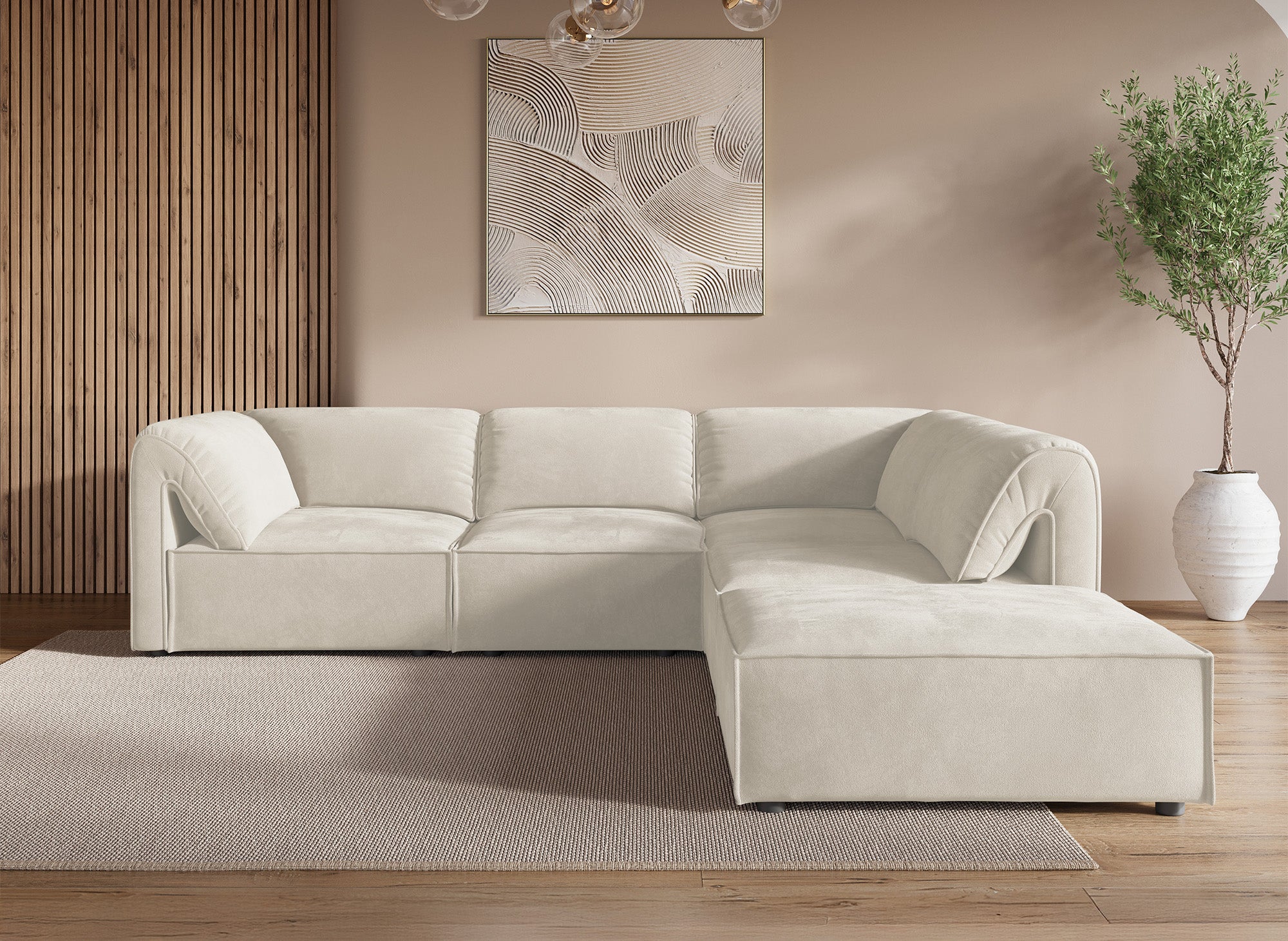 HARINA modulares Ecksofa aus beigefarbenem Samt