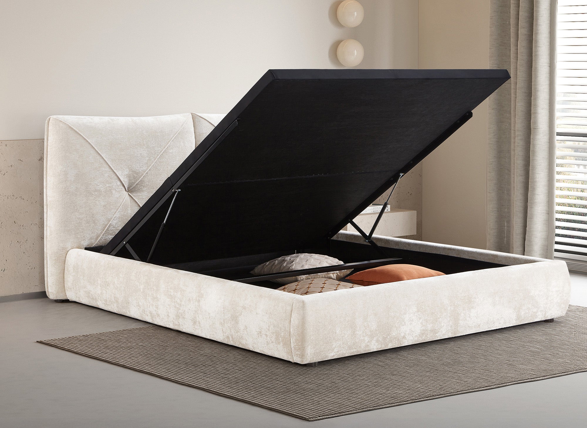 NOAH Bett mit Stauraum aus weichem, beigem Frotteestoff 180x200 cm