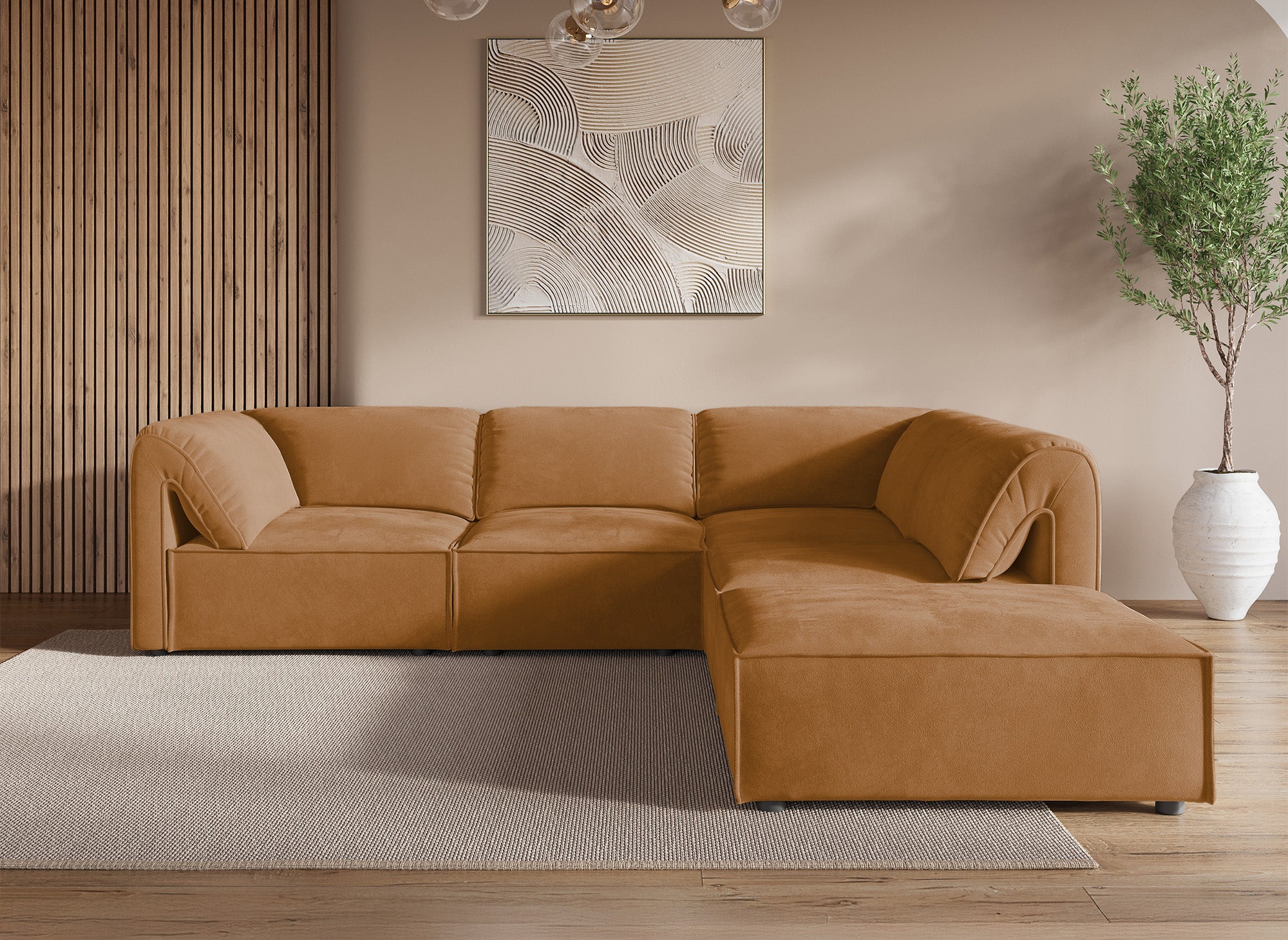 Modulares Ecksofa HARINA aus senffarbenem Samt