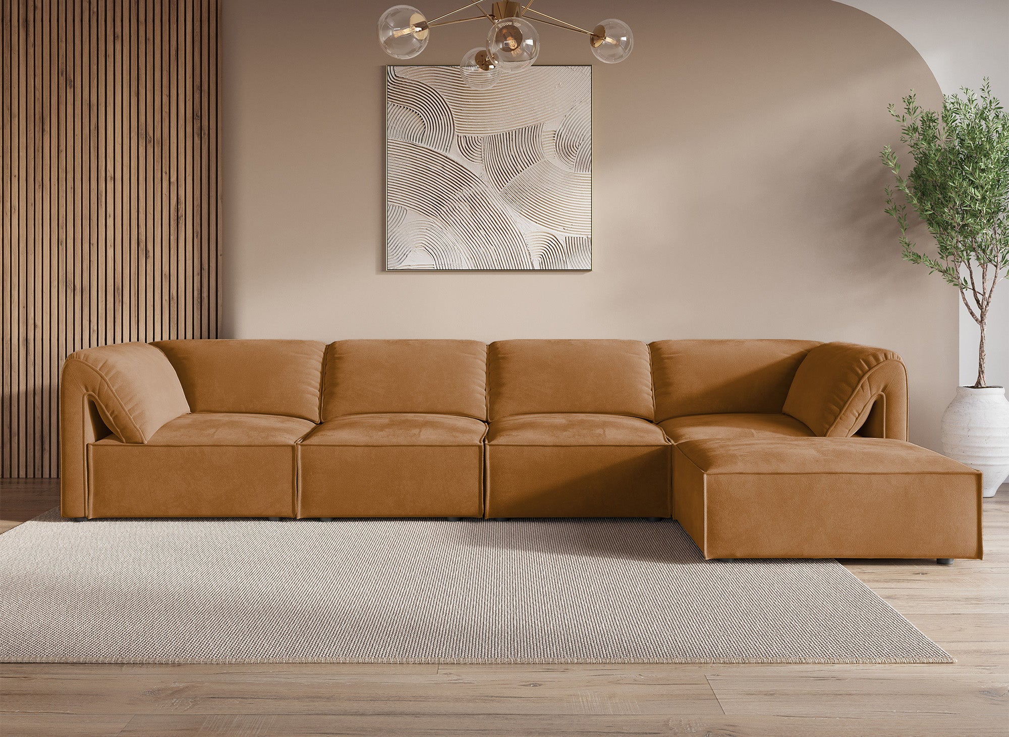 Modulares Ecksofa HARINA aus senffarbenem Samt