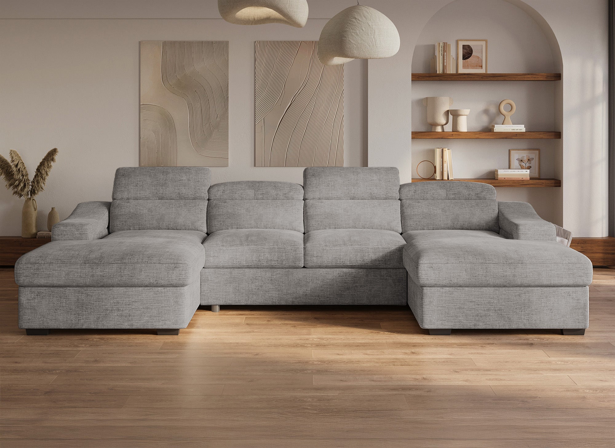VELORA Panorama-Sofa mit 2 Truhen aus grau meliertem Samt