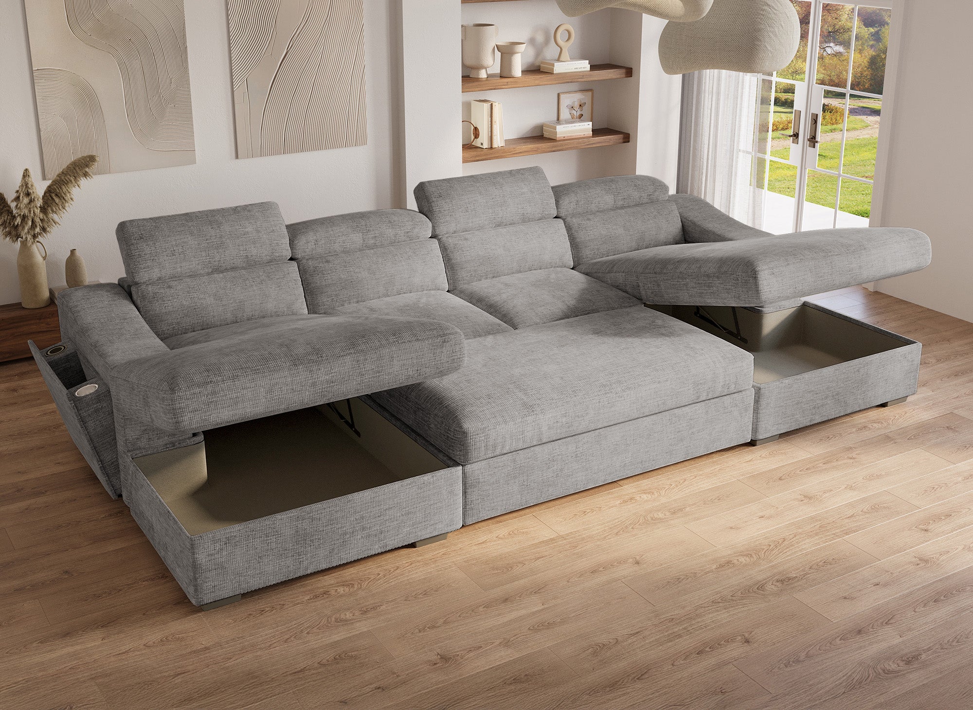 VELORA Panorama-Sofa mit 2 Truhen aus grau meliertem Samt
