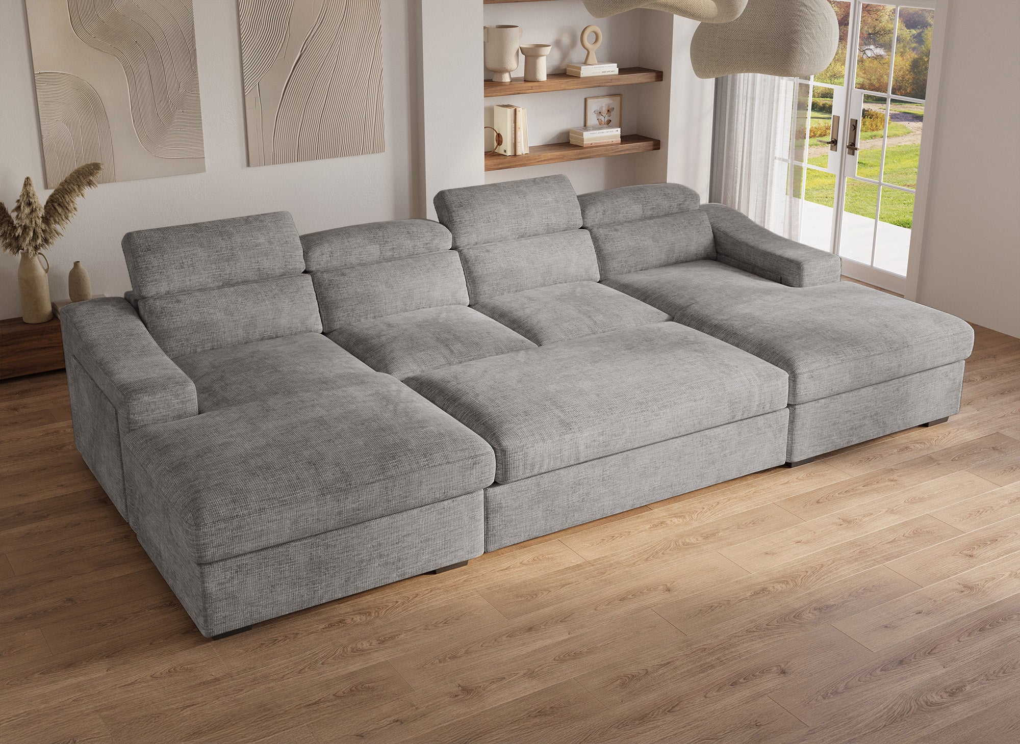VELORA Panorama-Sofa mit 2 Truhen aus grau meliertem Samt