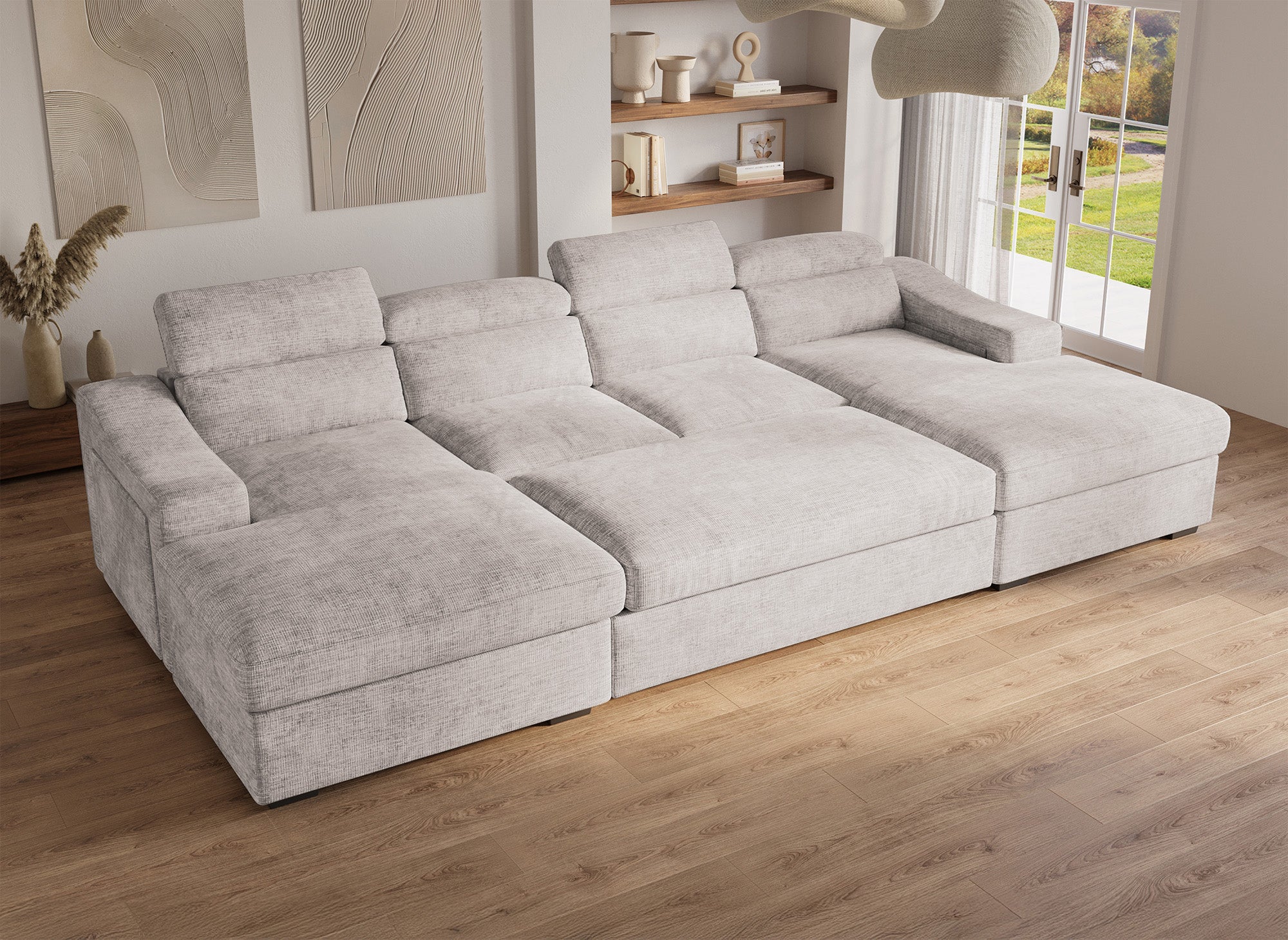 VELORA Panorama-Sofa mit 2 Truhen aus beige meliertem Samt