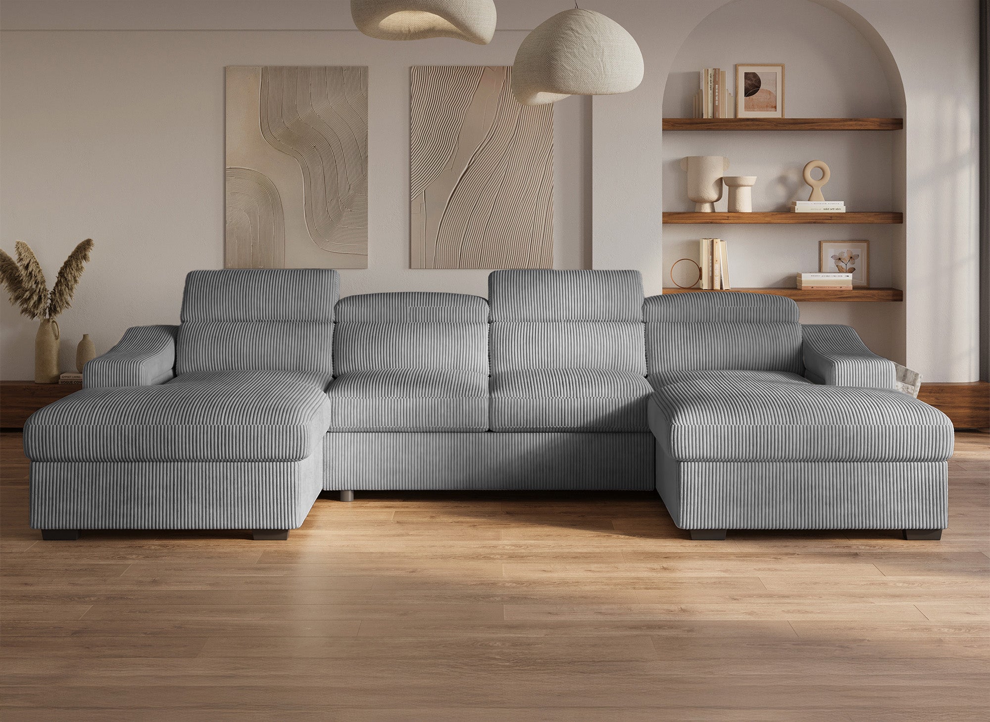 VELORA Panorama-Sofa mit 2 Staufächern aus dickem grauem Cord