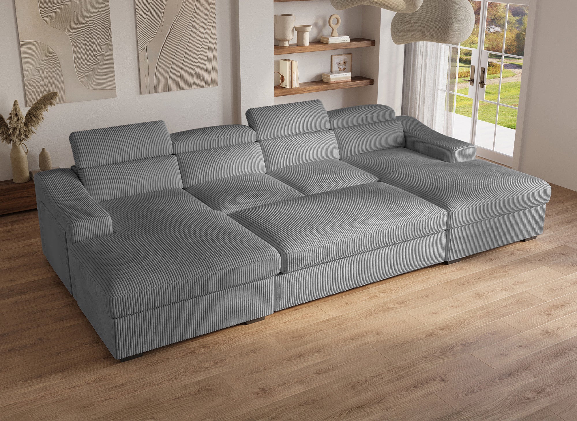 VELORA Panorama-Sofa mit 2 Staufächern aus dickem grauem Cord