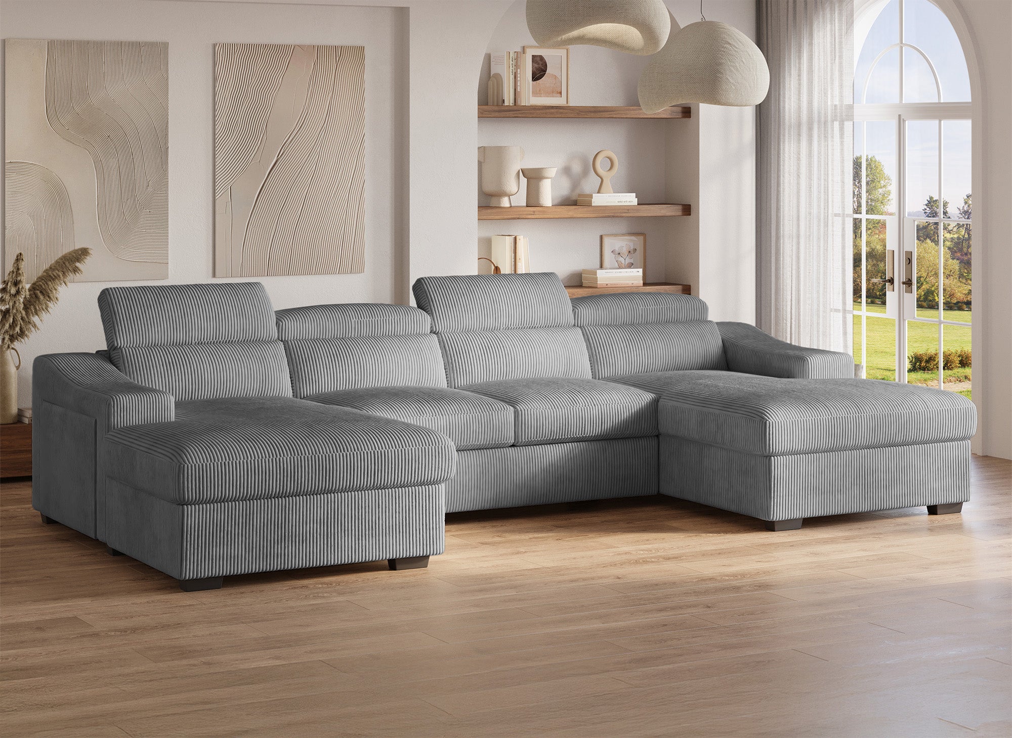VELORA Panorama-Sofa mit 2 Staufächern aus dickem grauem Cord