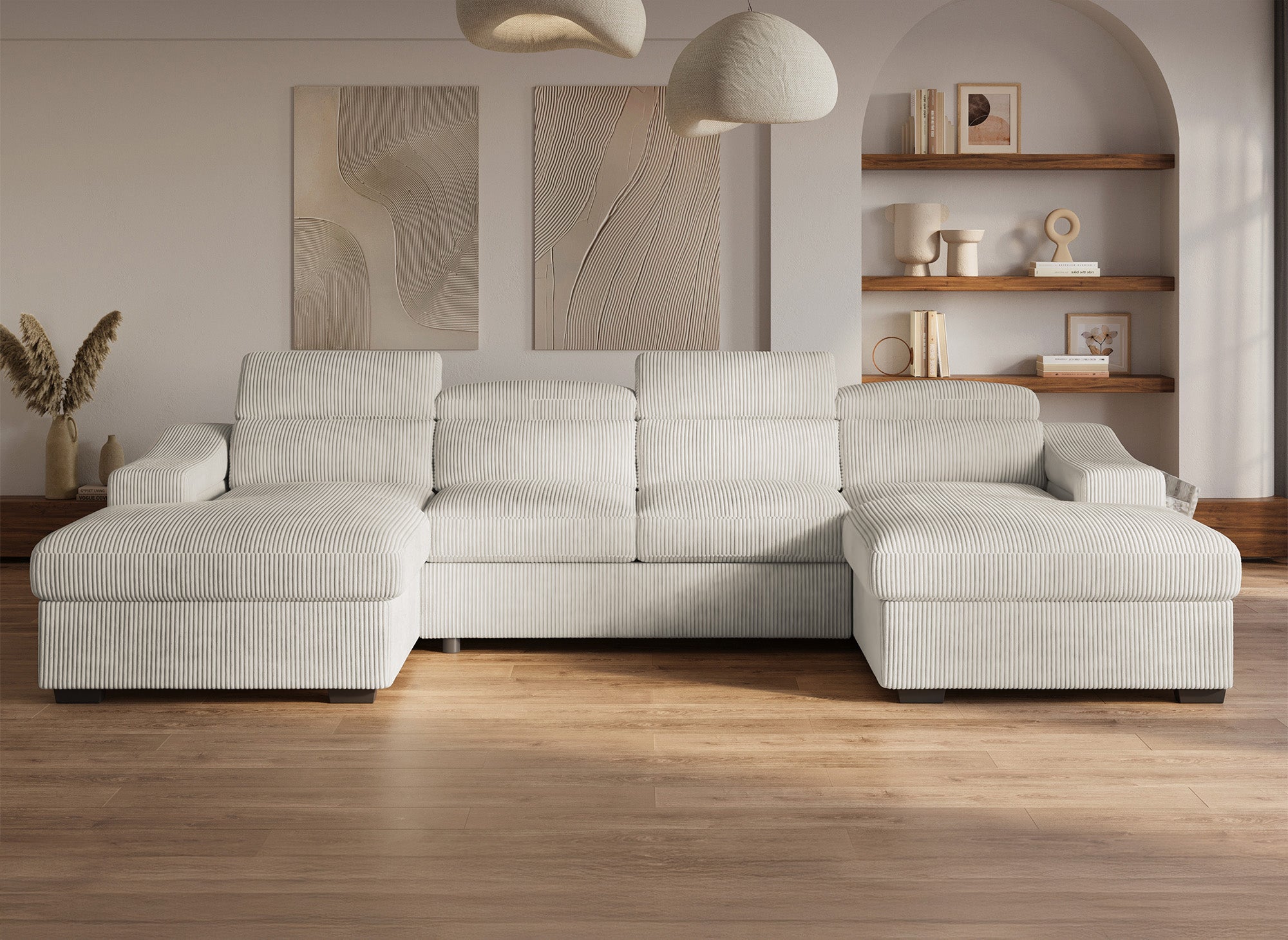 Panorama-Schlafsofa VELORA mit 2 Truhen aus dickem, beigem Cord