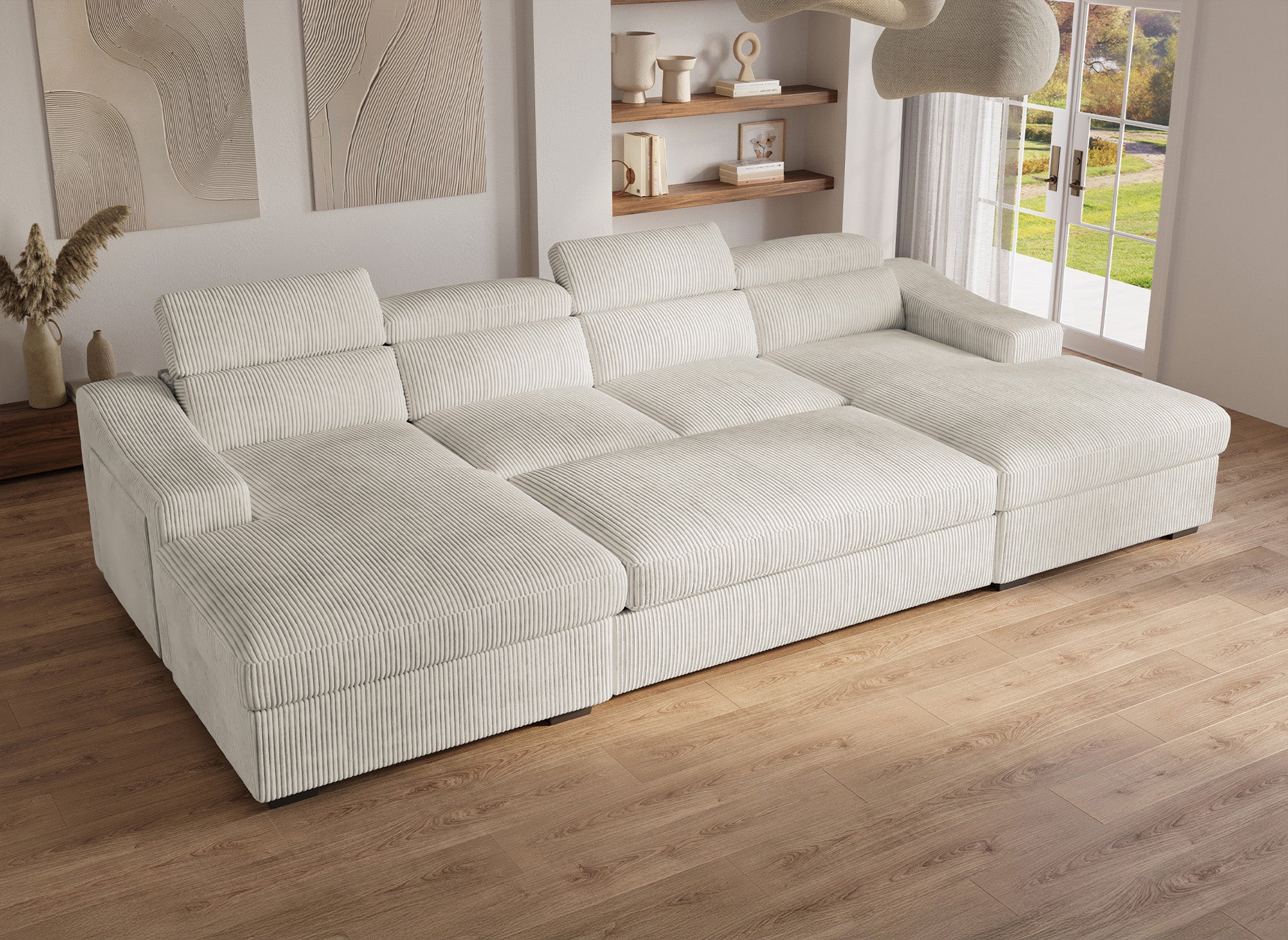 Panorama-Schlafsofa VELORA mit 2 Truhen aus dickem, beigem Cord