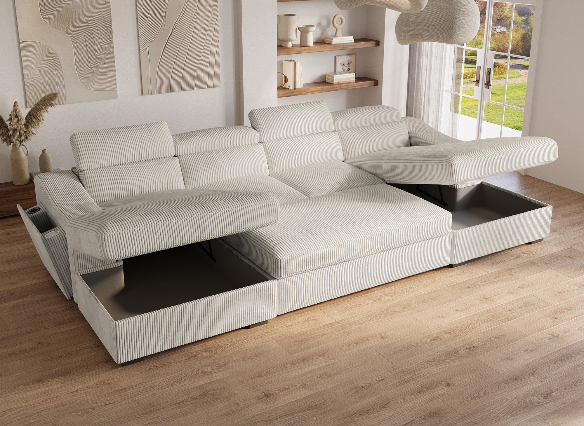 Panorama-Schlafsofa VELORA mit 2 Truhen aus dickem, beigem Cord