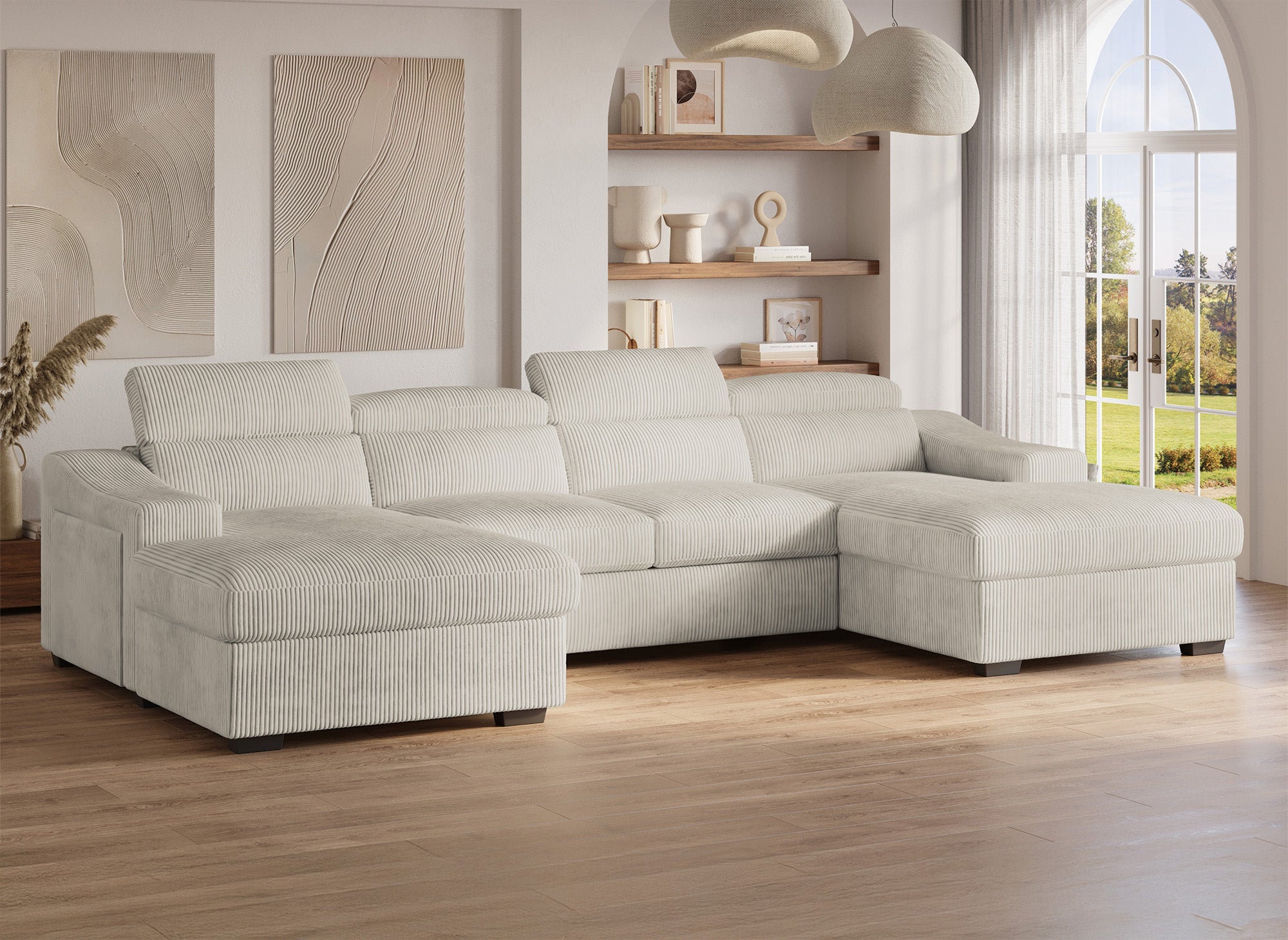 Panorama-Schlafsofa VELORA mit 2 Truhen aus dickem, beigem Cord