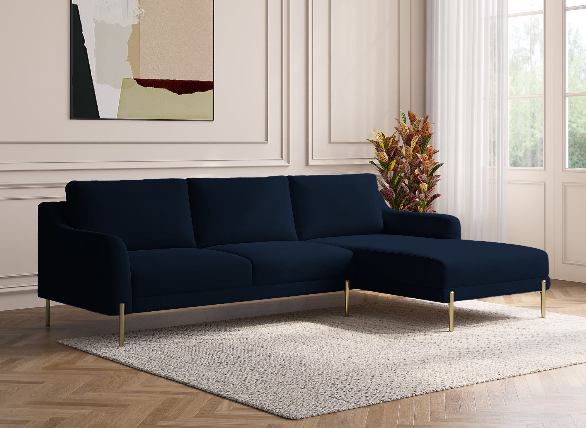 CELINE Ecksofa aus blauem Samt mit Chaiselongue - Right Angle