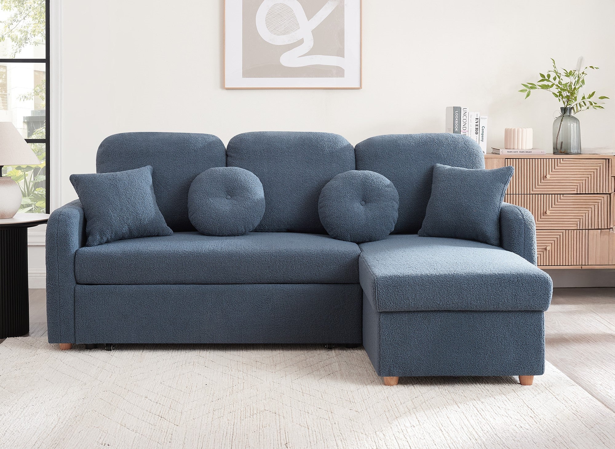 GREGORY umwandelbares und wendbares Ecksofa mit Stauraum aus blauem Bouclé-Stoff