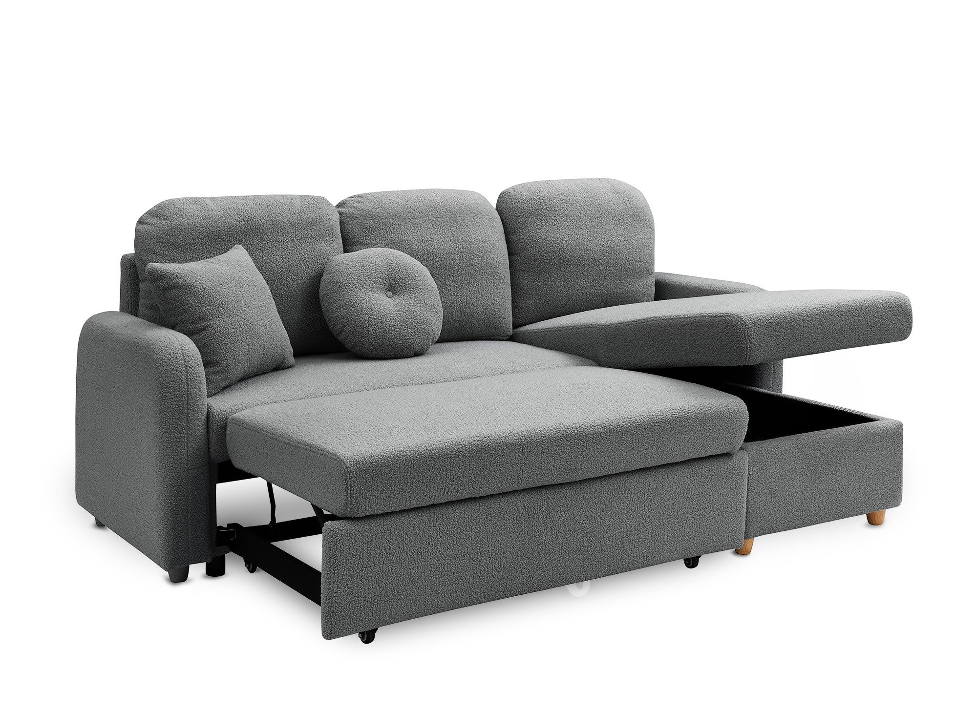 GREGORY umwandelbares und wendbares Ecksofa mit Stauraum aus dunkelgrauem Bouclé-Stoff