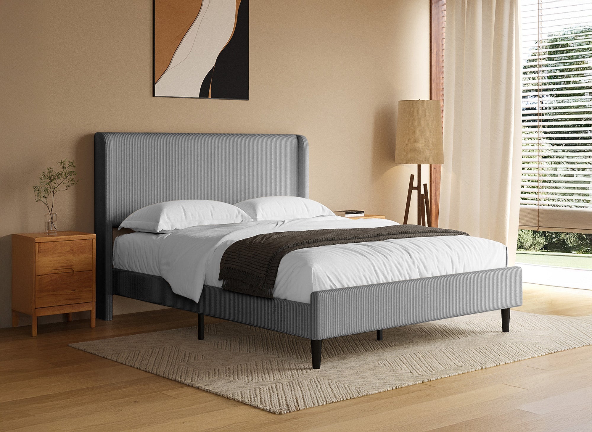 LEVY Doppelbett aus dickem Cord, hellgrau, 140 x 190 cm