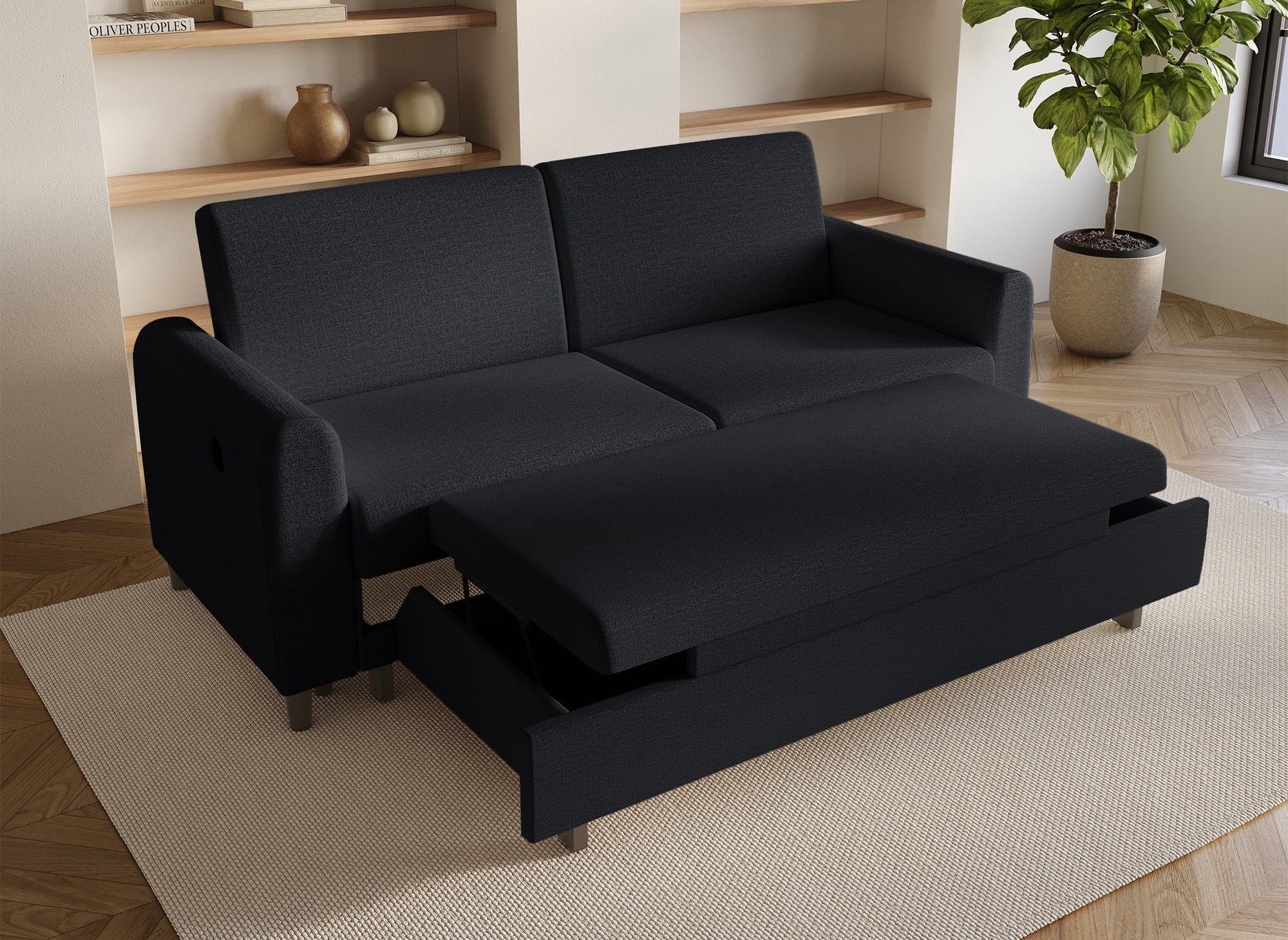 ROSS 3-Sitzer-Schlafsofa aus schwarzem Leinenstoff