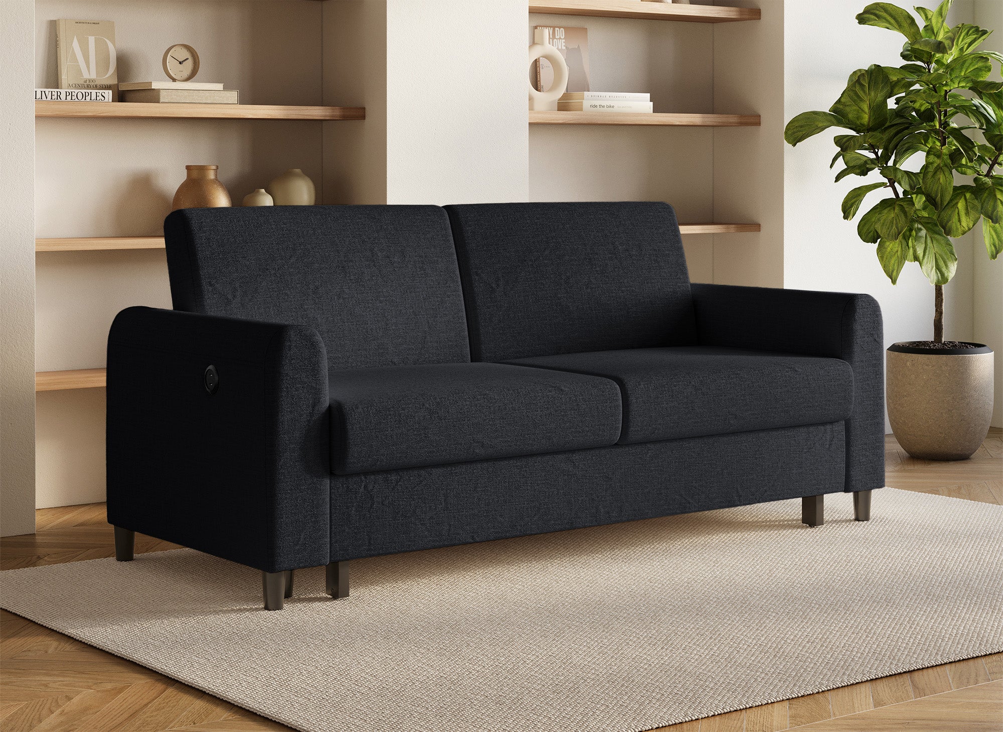 ROSS 3-Sitzer-Schlafsofa aus schwarzem Leinenstoff