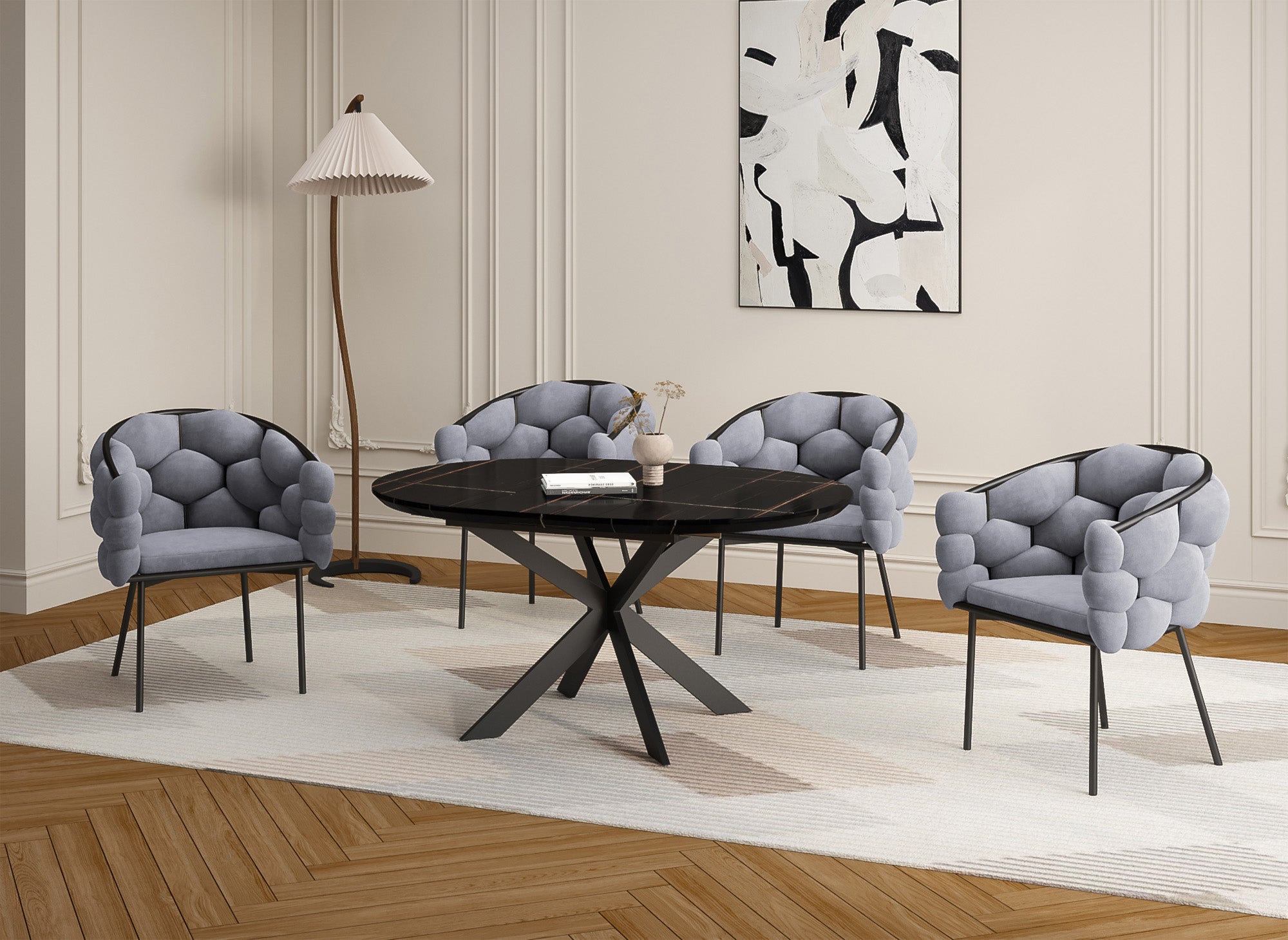 2er-Set graue Samtstühle mit schwarzen Metallbeinen CHARLOTTE