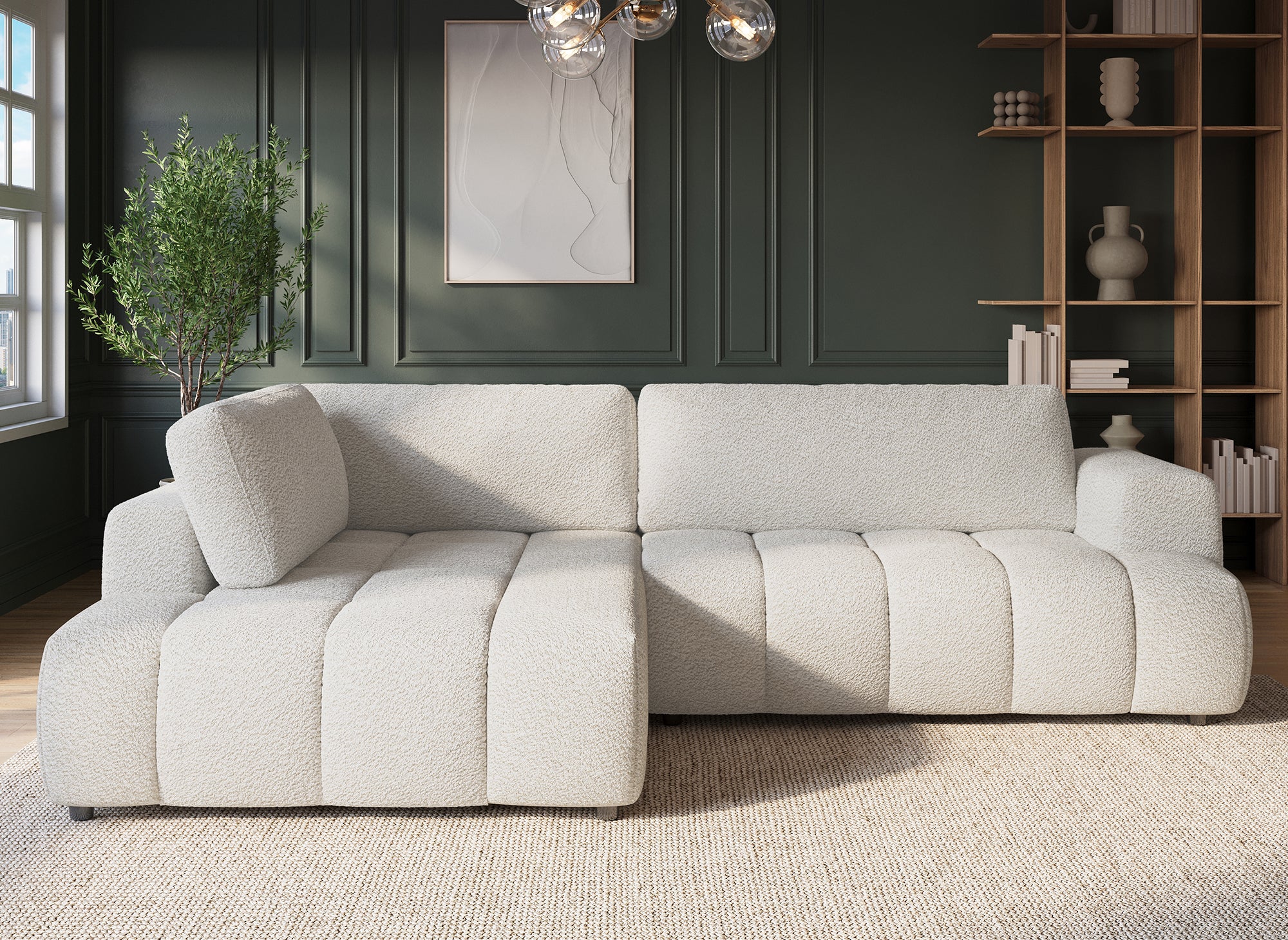 HAVEN umwandelbares Ecksofa mit Stauraum aus ecrufarbenem Bouclé-Stoff – Linke Ecke