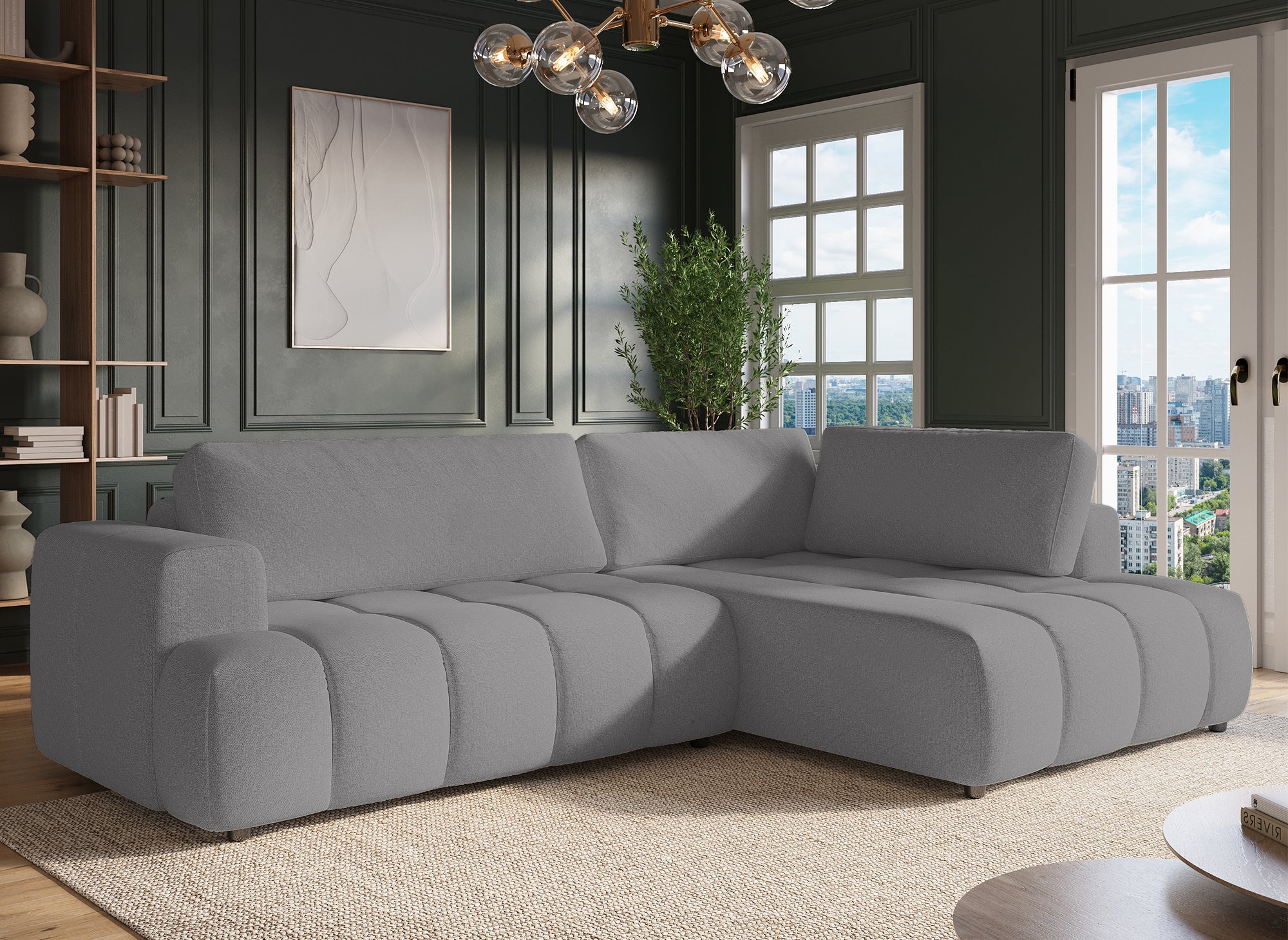 HAVEN Ecksofa aus grauem Stoff mit Stauraum – rechtwinklig