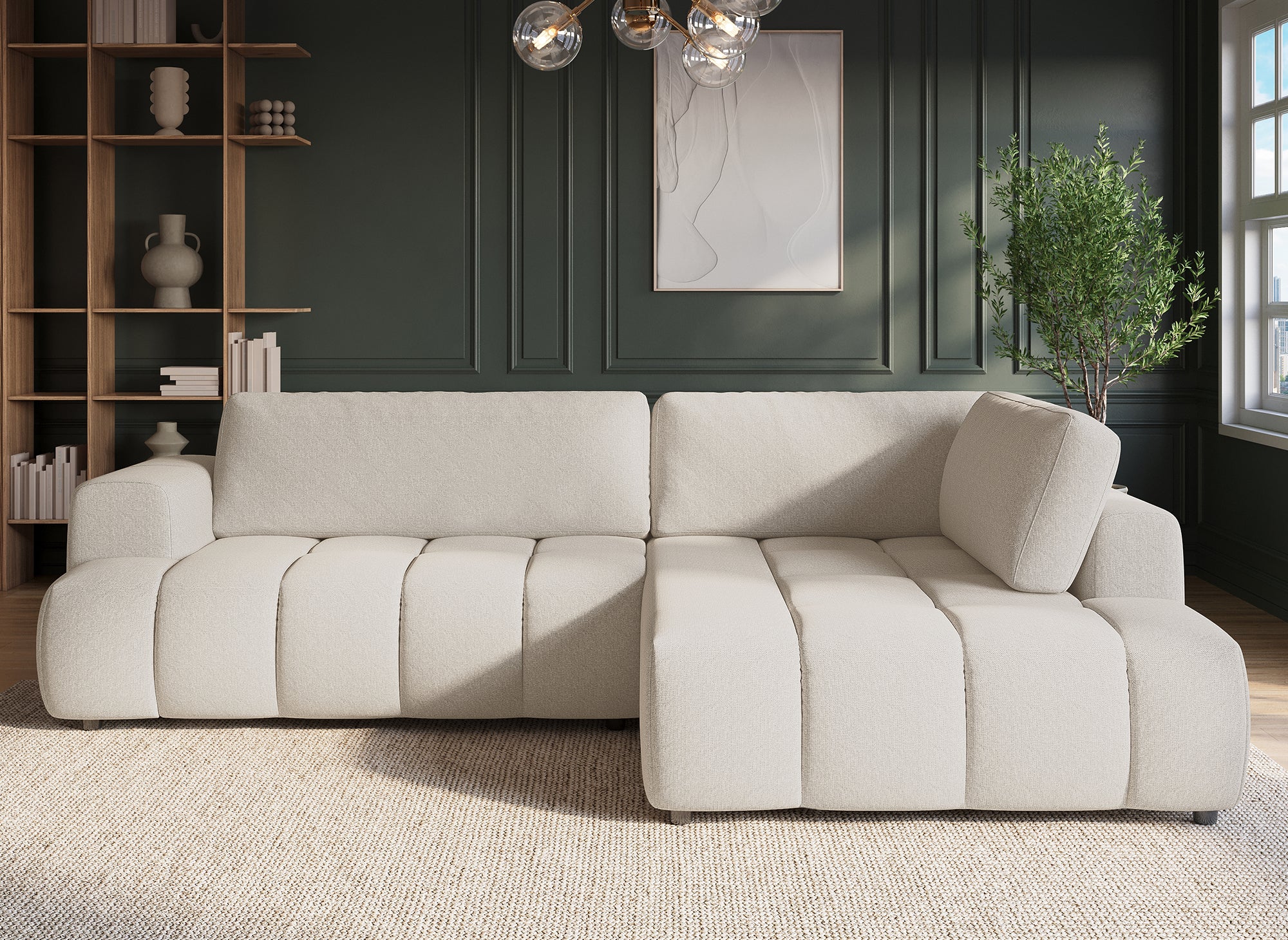 HAVEN Ecksofa aus beigefarbenem Stoff mit Stauraum – rechtwinklig