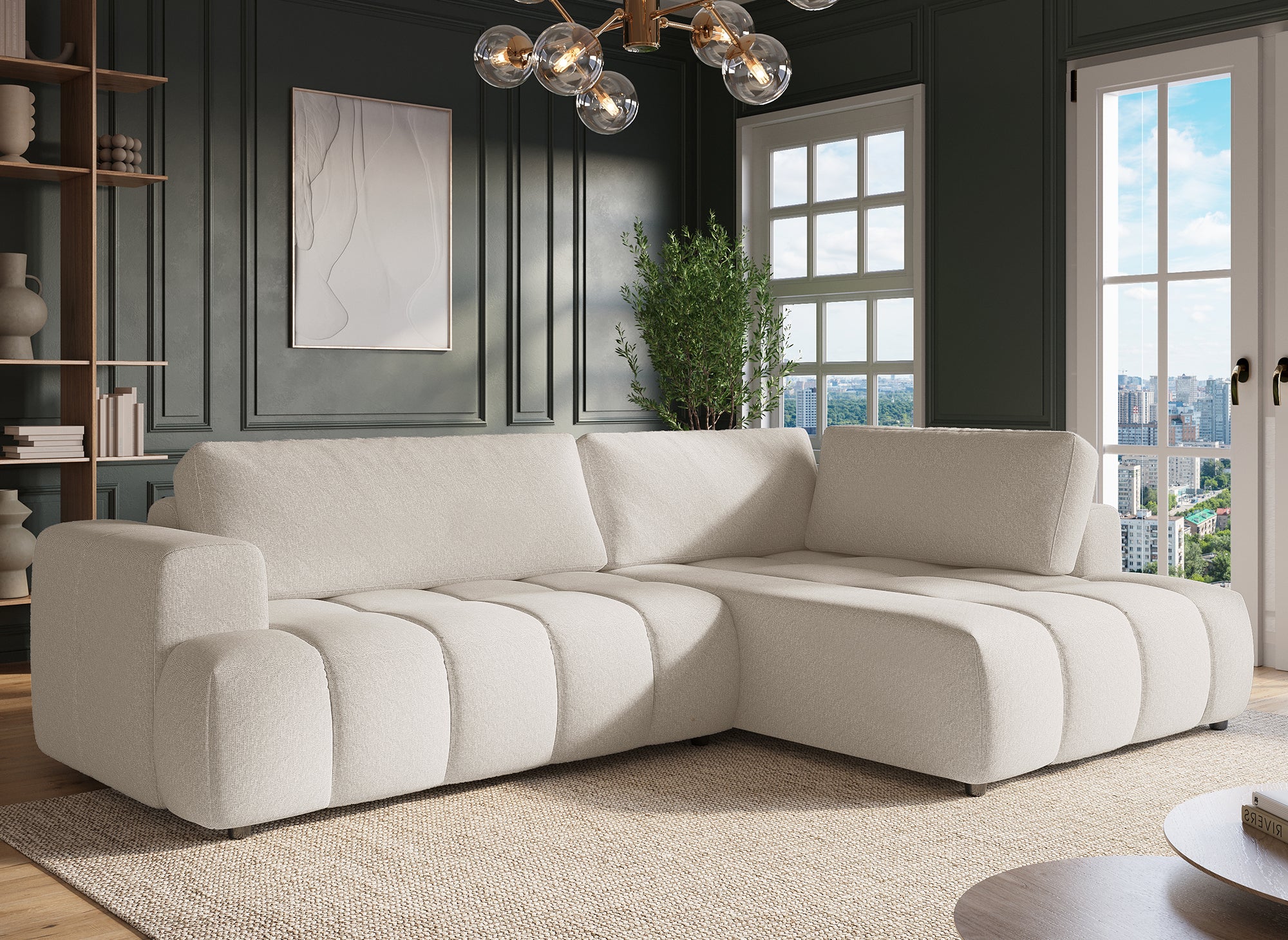 HAVEN Ecksofa aus beigefarbenem Stoff mit Stauraum – rechtwinklig