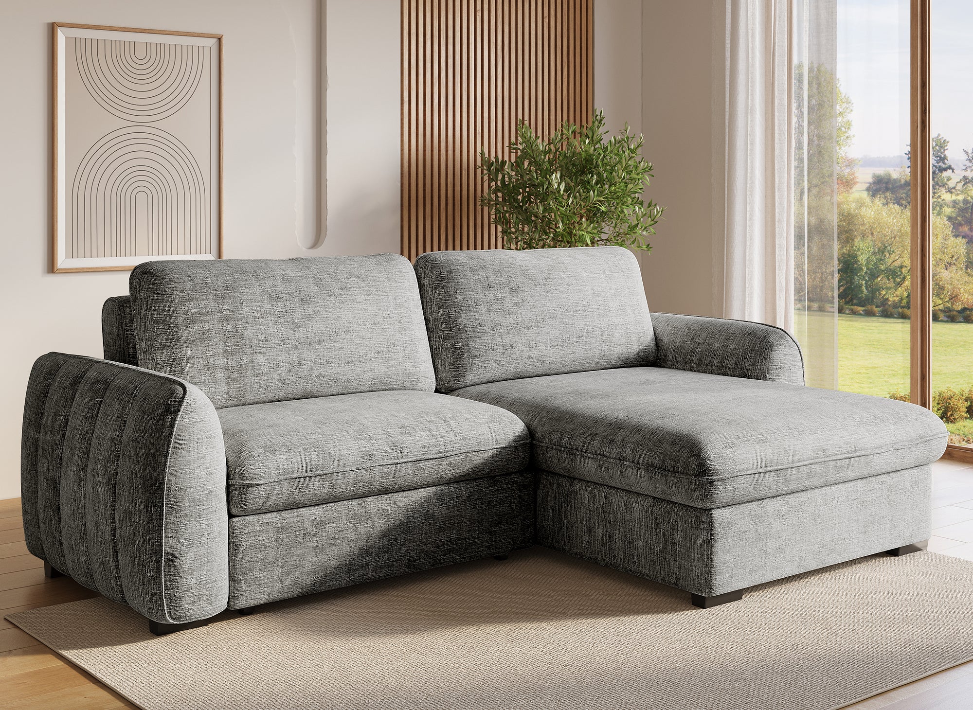 LIORA umwandelbares und wendbares Ecksofa mit Stauraum aus grau meliertem Samt