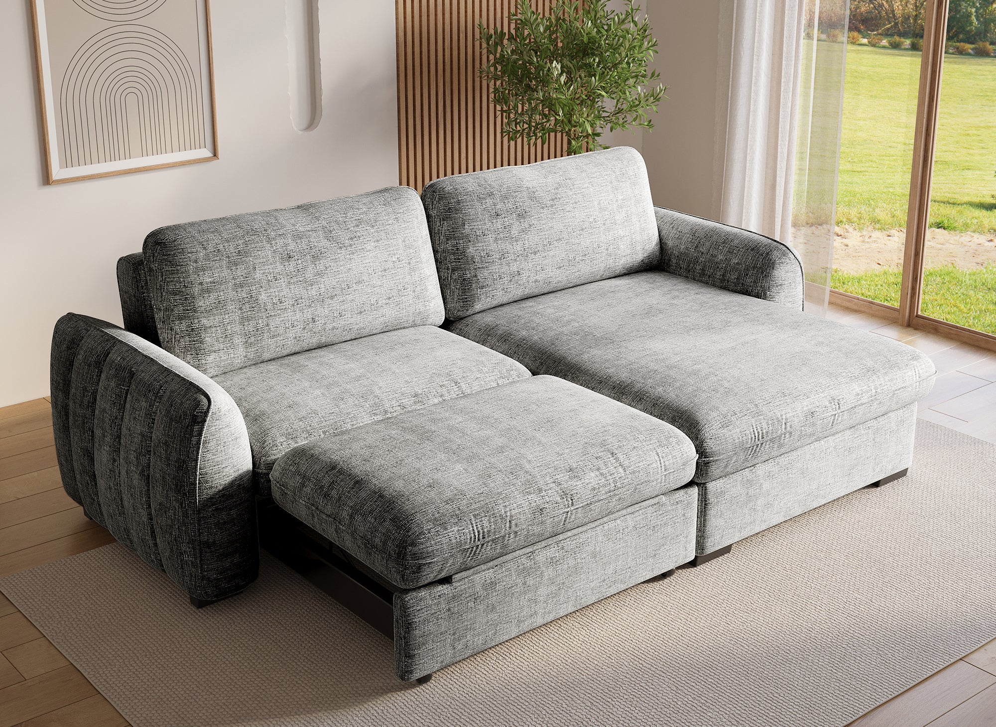 LIORA umwandelbares und wendbares Ecksofa mit Stauraum aus grau meliertem Samt