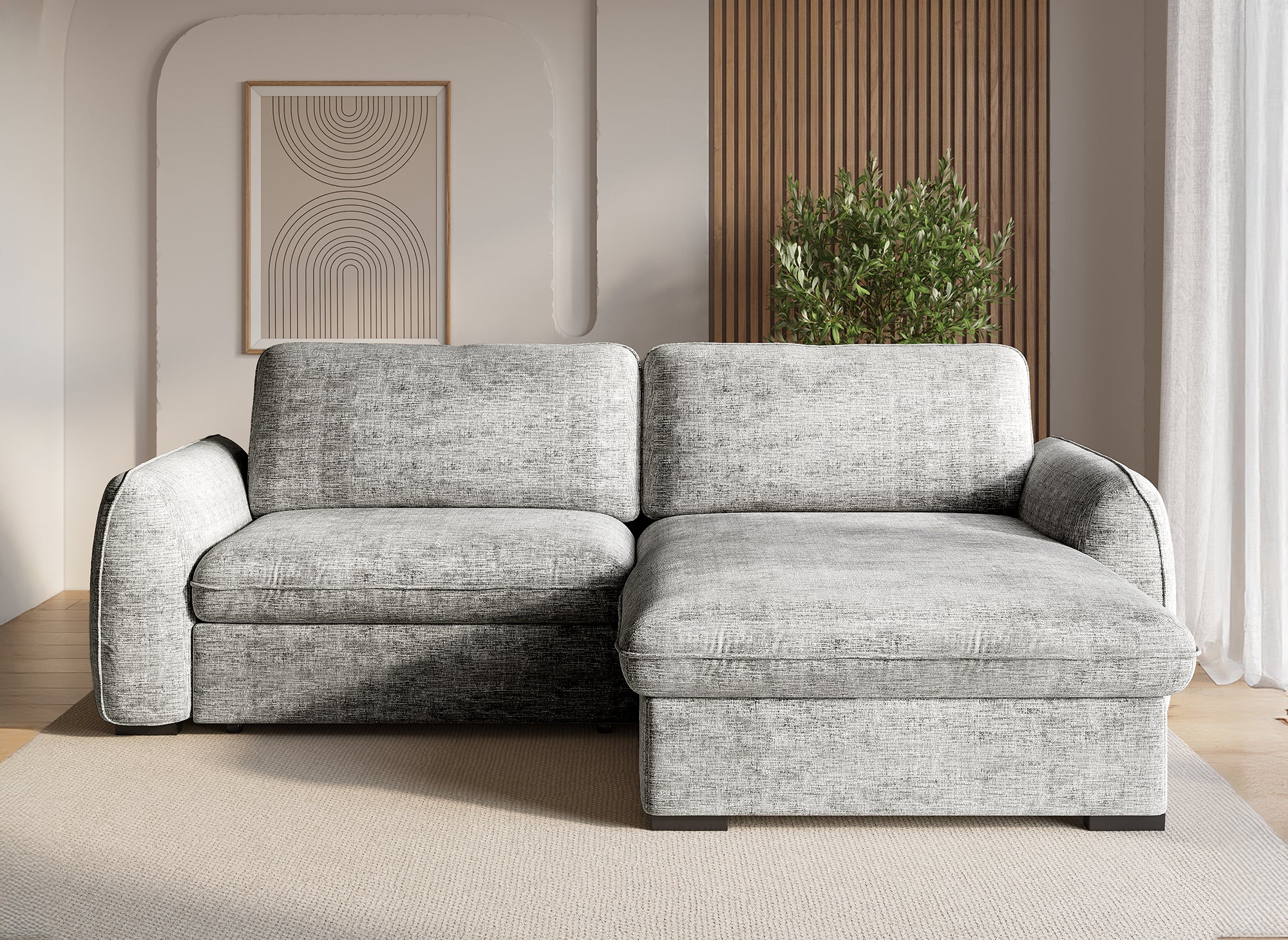 LIORA umwandelbares und wendbares Ecksofa mit Stauraum aus grau meliertem Samt