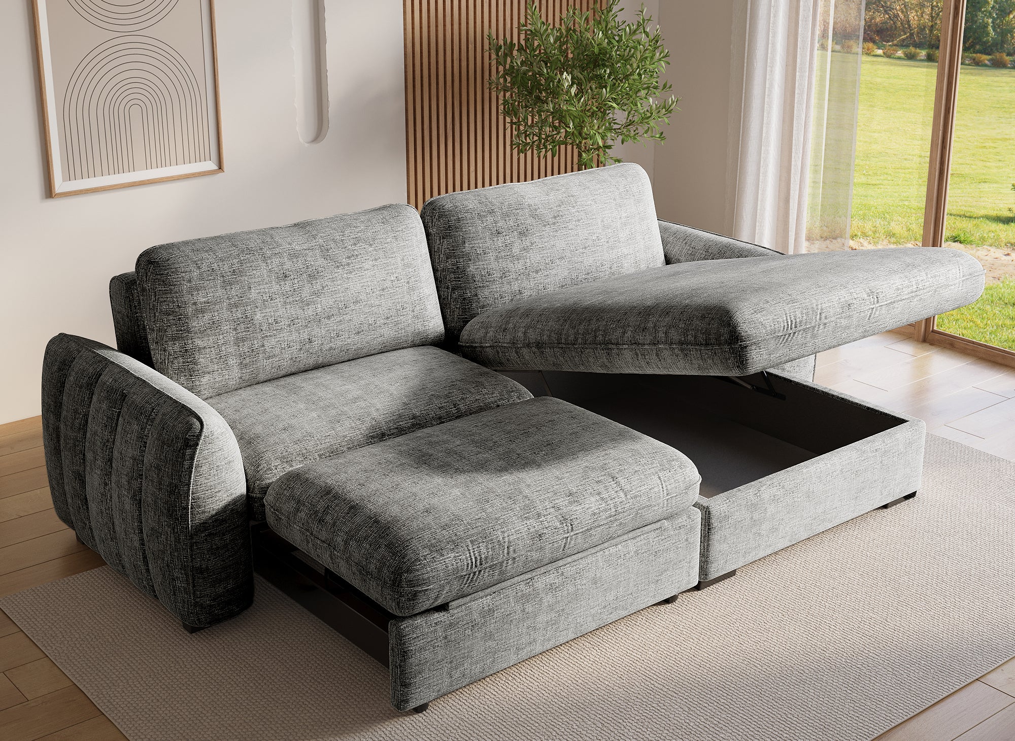 LIORA umwandelbares und wendbares Ecksofa mit Stauraum aus grau meliertem Samt