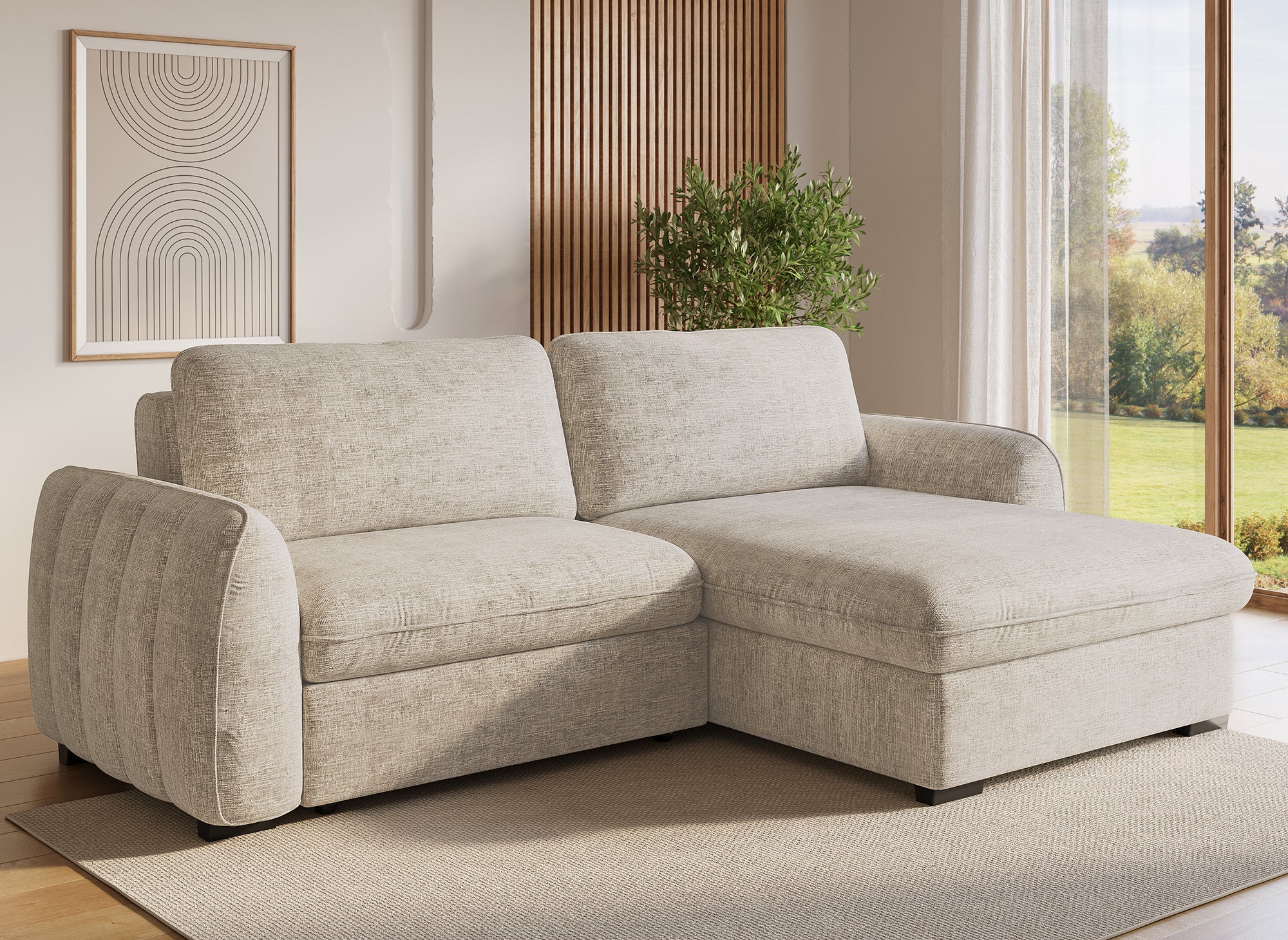 LIORA umwandelbares und wendbares Ecksofa mit Stauraum aus beige meliertem Samt