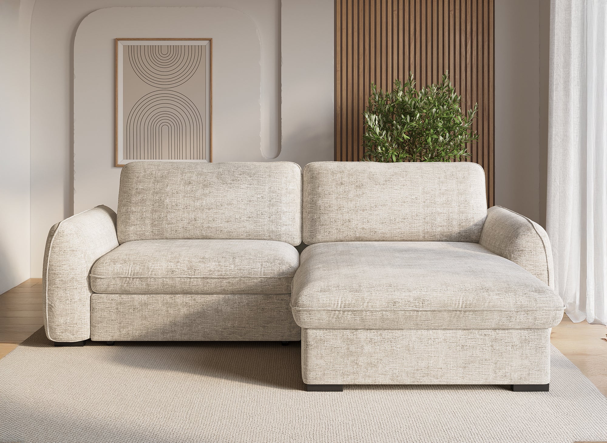 LIORA umwandelbares und wendbares Ecksofa mit Stauraum aus beige meliertem Samt
