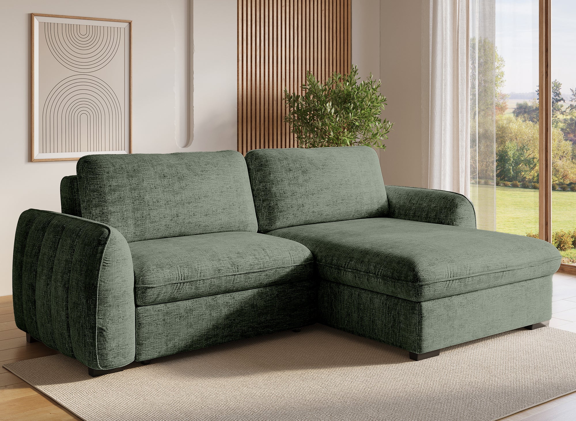 LIORA umwandelbares und wendbares Ecksofa mit Stauraum aus khakigrün meliertem Samt