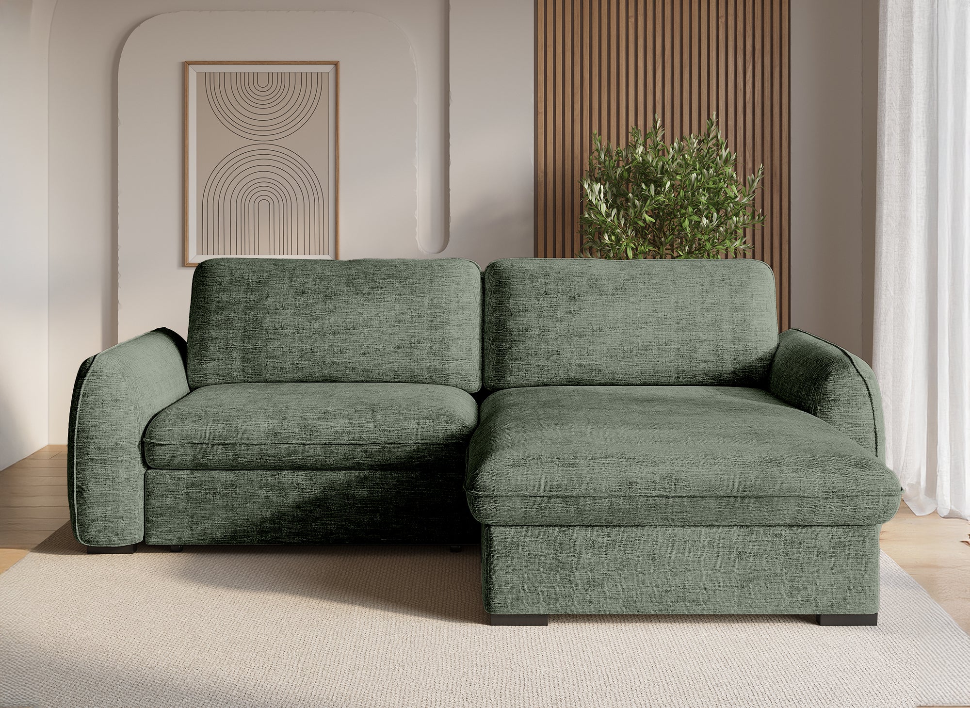 LIORA umwandelbares und wendbares Ecksofa mit Stauraum aus khakigrün meliertem Samt