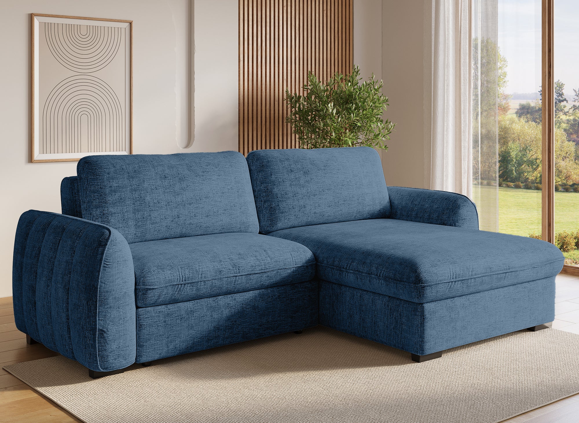 LIORA umwandelbares und wendbares Ecksofa mit Stauraum aus blau meliertem Samt