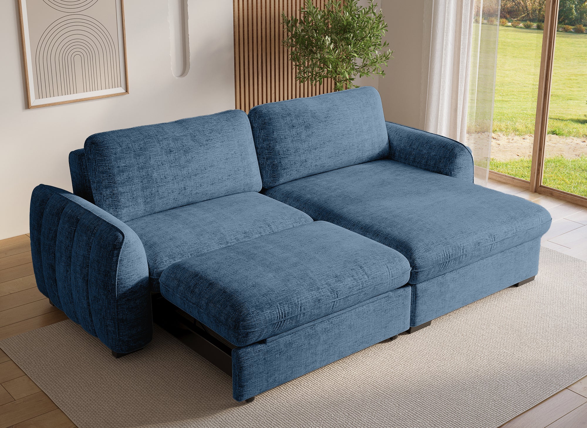 LIORA umwandelbares und wendbares Ecksofa mit Stauraum aus blau meliertem Samt