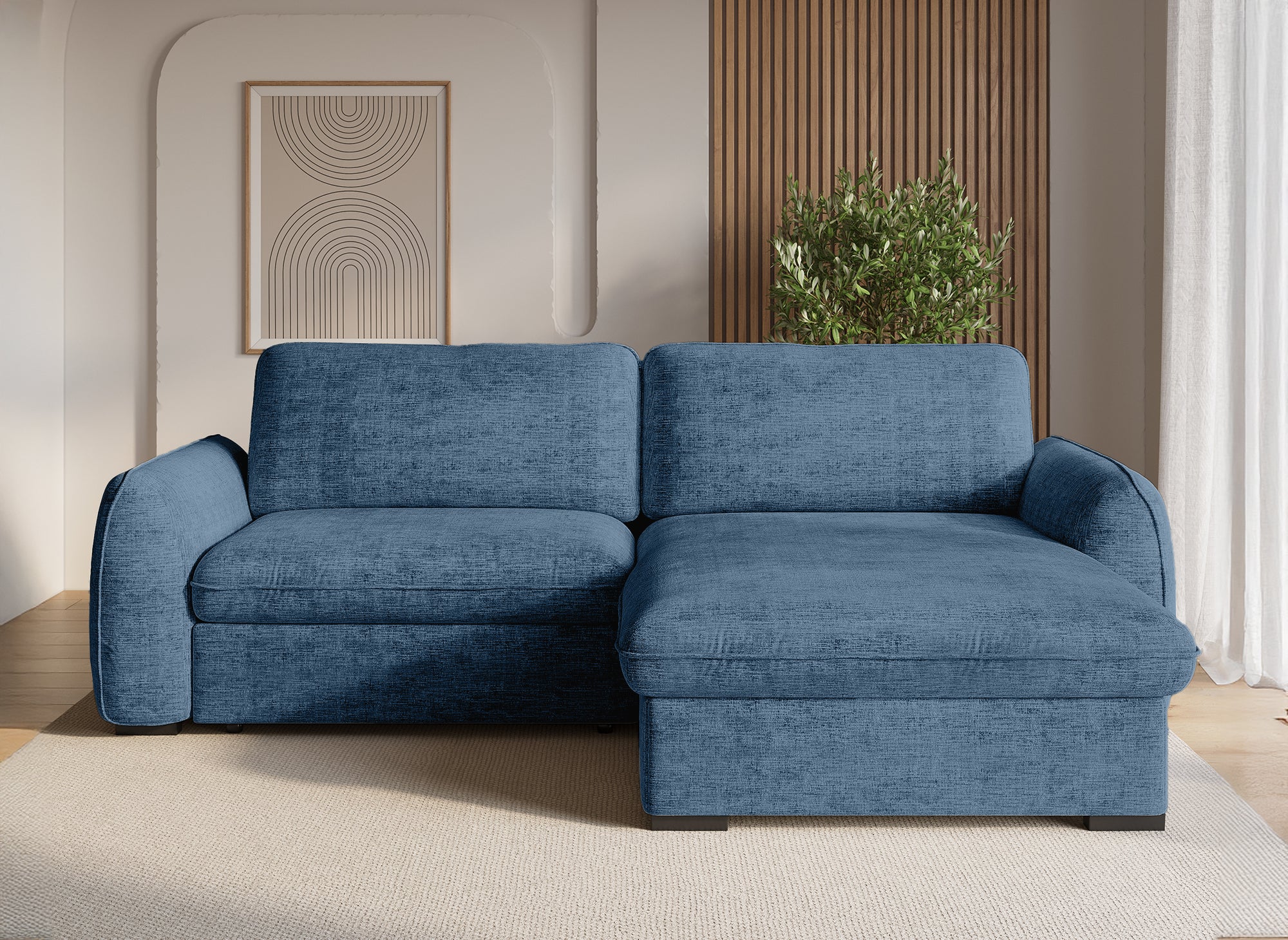 LIORA umwandelbares und wendbares Ecksofa mit Stauraum aus blau meliertem Samt