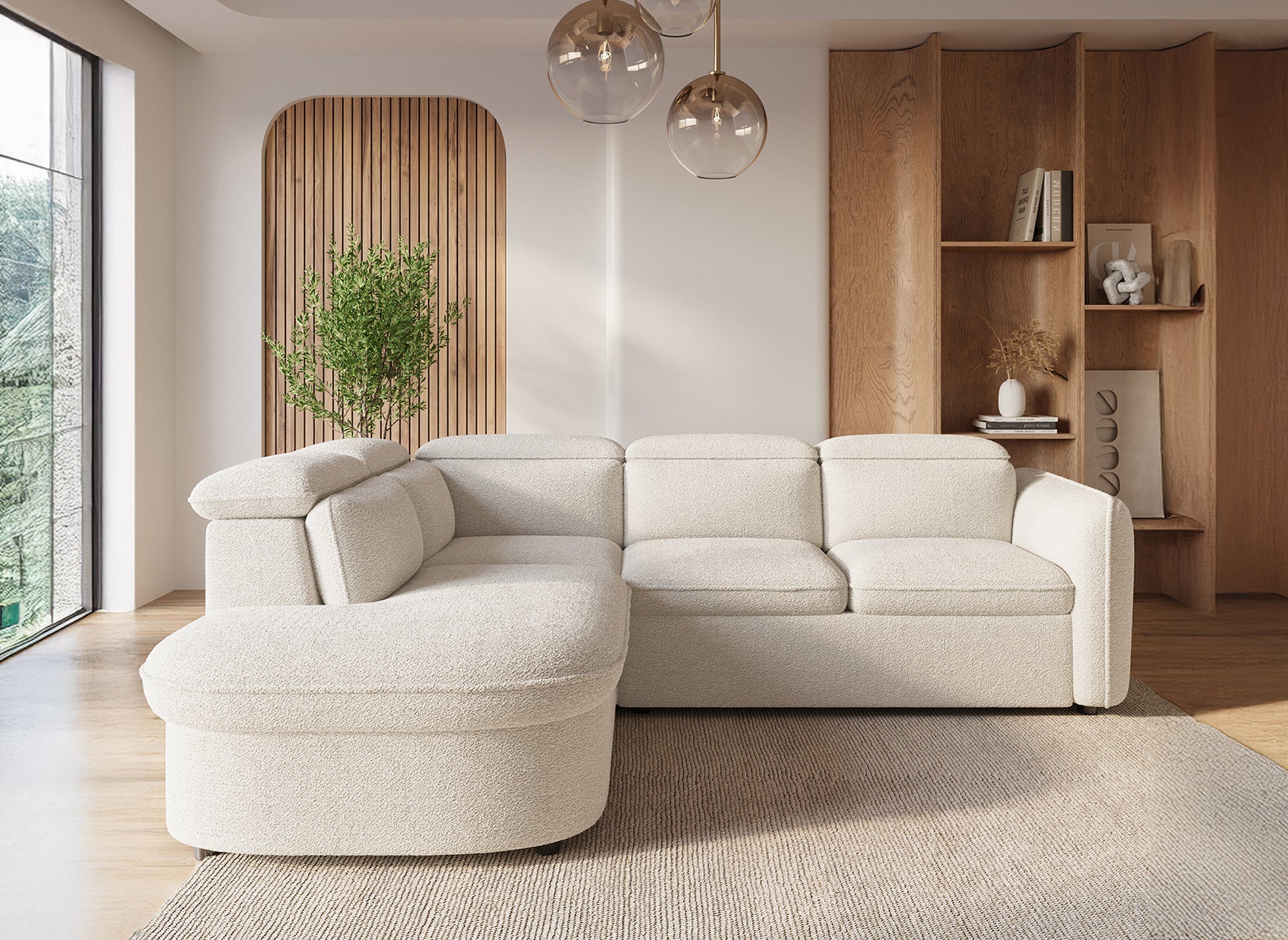 BAYA umwandelbares Ecksofa mit Aufbewahrungsbox aus ecrufarbenem Bouclé-Stoff – linke Ecke