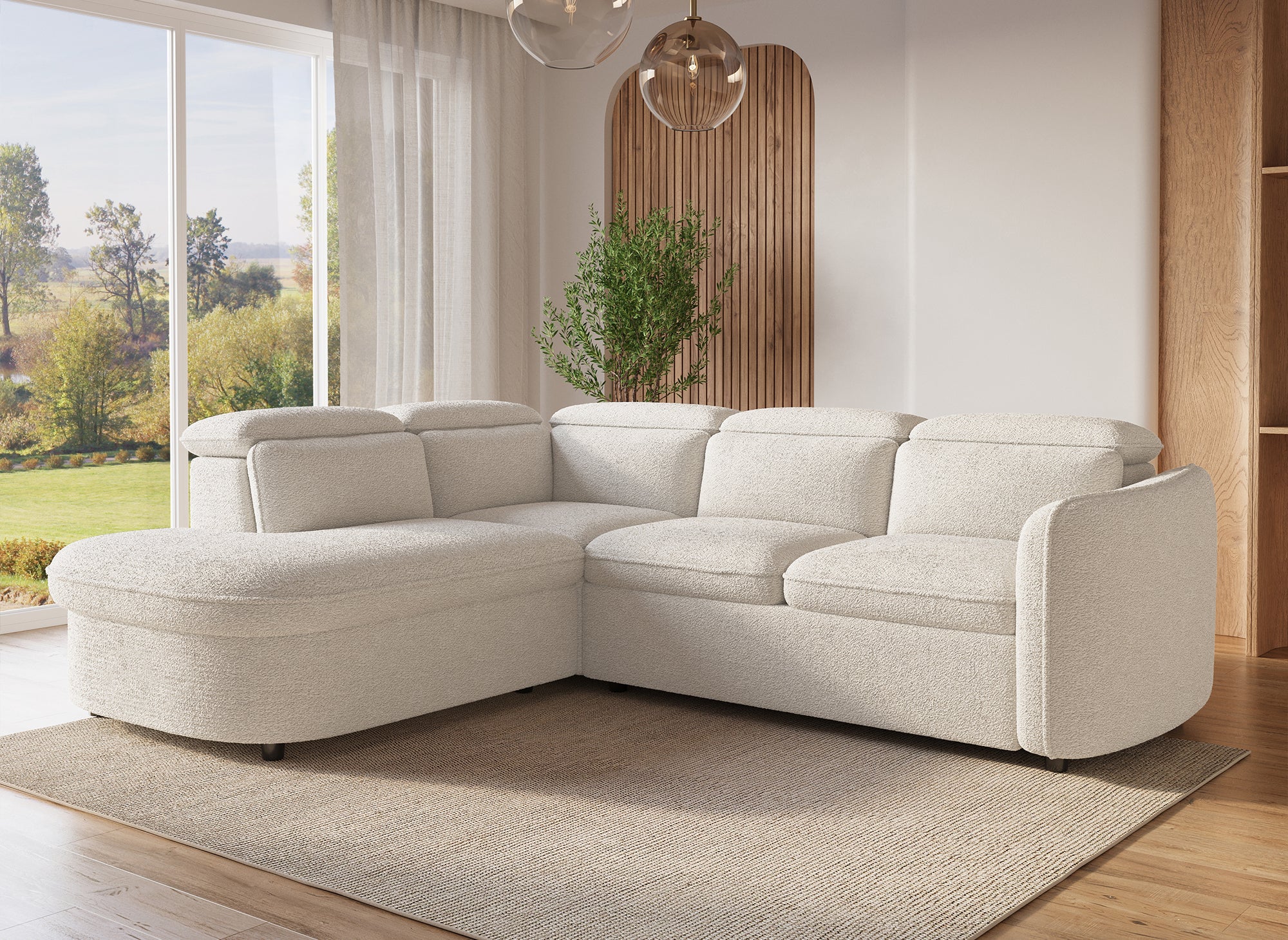 BAYA umwandelbares Ecksofa mit Aufbewahrungsbox aus ecrufarbenem Bouclé-Stoff – linke Ecke