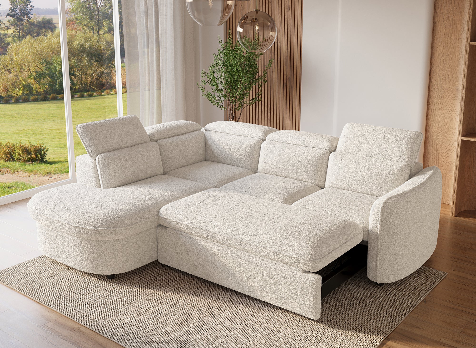BAYA umwandelbares Ecksofa mit Aufbewahrungsbox aus ecrufarbenem Bouclé-Stoff – linke Ecke