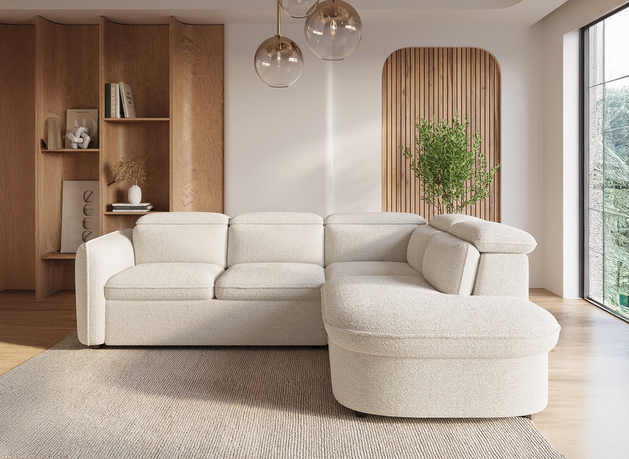 BAYA umwandelbares Ecksofa mit Aufbewahrungsbox aus ecrufarbenem Bouclé-Stoff - rechter Winkel