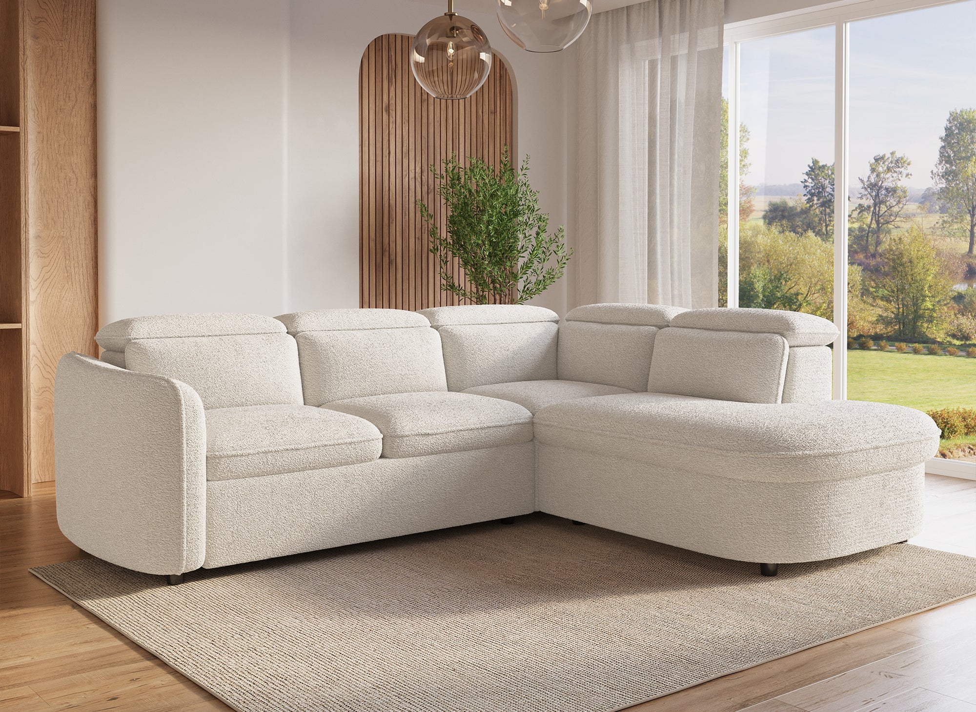 BAYA umwandelbares Ecksofa mit Aufbewahrungsbox aus ecrufarbenem Bouclé-Stoff - rechter Winkel