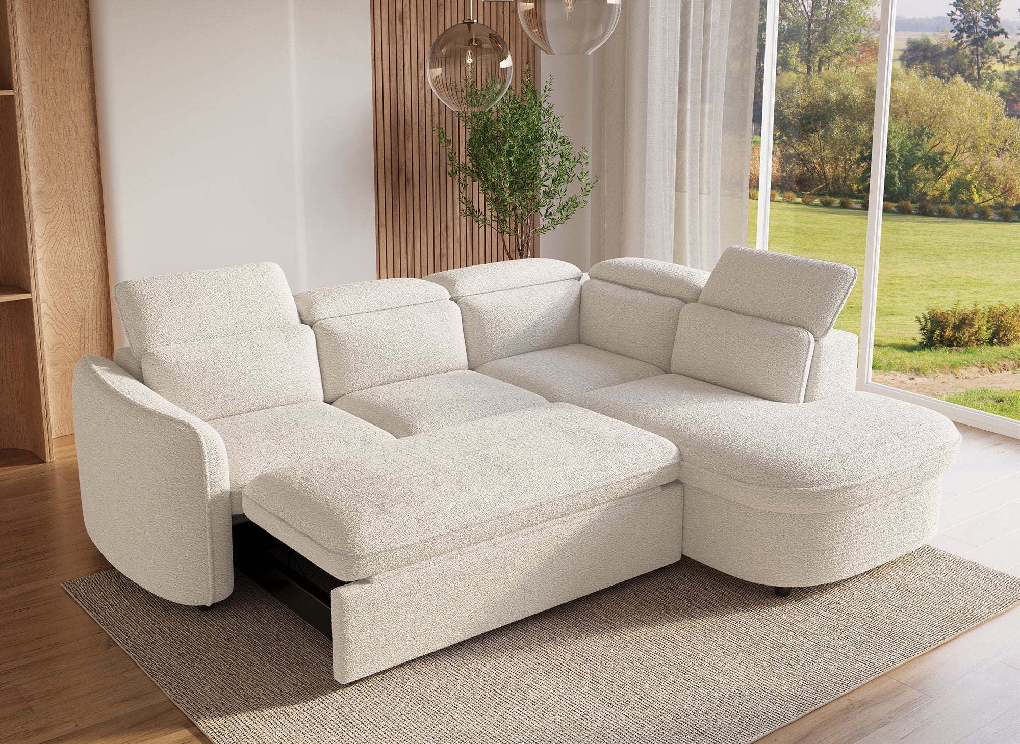 BAYA umwandelbares Ecksofa mit Aufbewahrungsbox aus ecrufarbenem Bouclé-Stoff - rechter Winkel