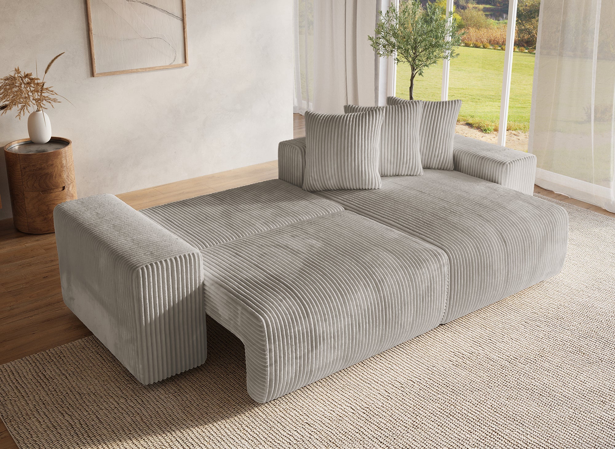NOELIA, wendbares Eckschlafsofa mit Stauraum aus dickem Taupe-Cord