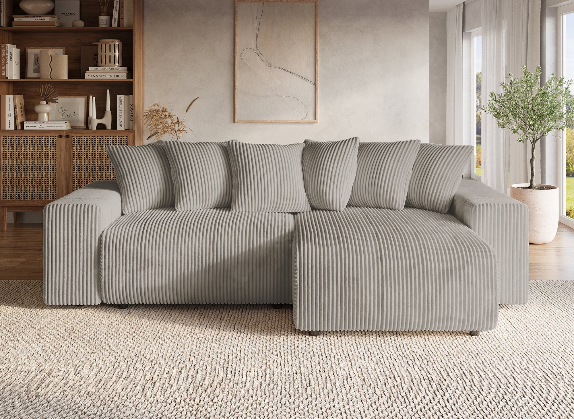 NOELIA, wendbares Eckschlafsofa mit Stauraum aus dickem Taupe-Cord