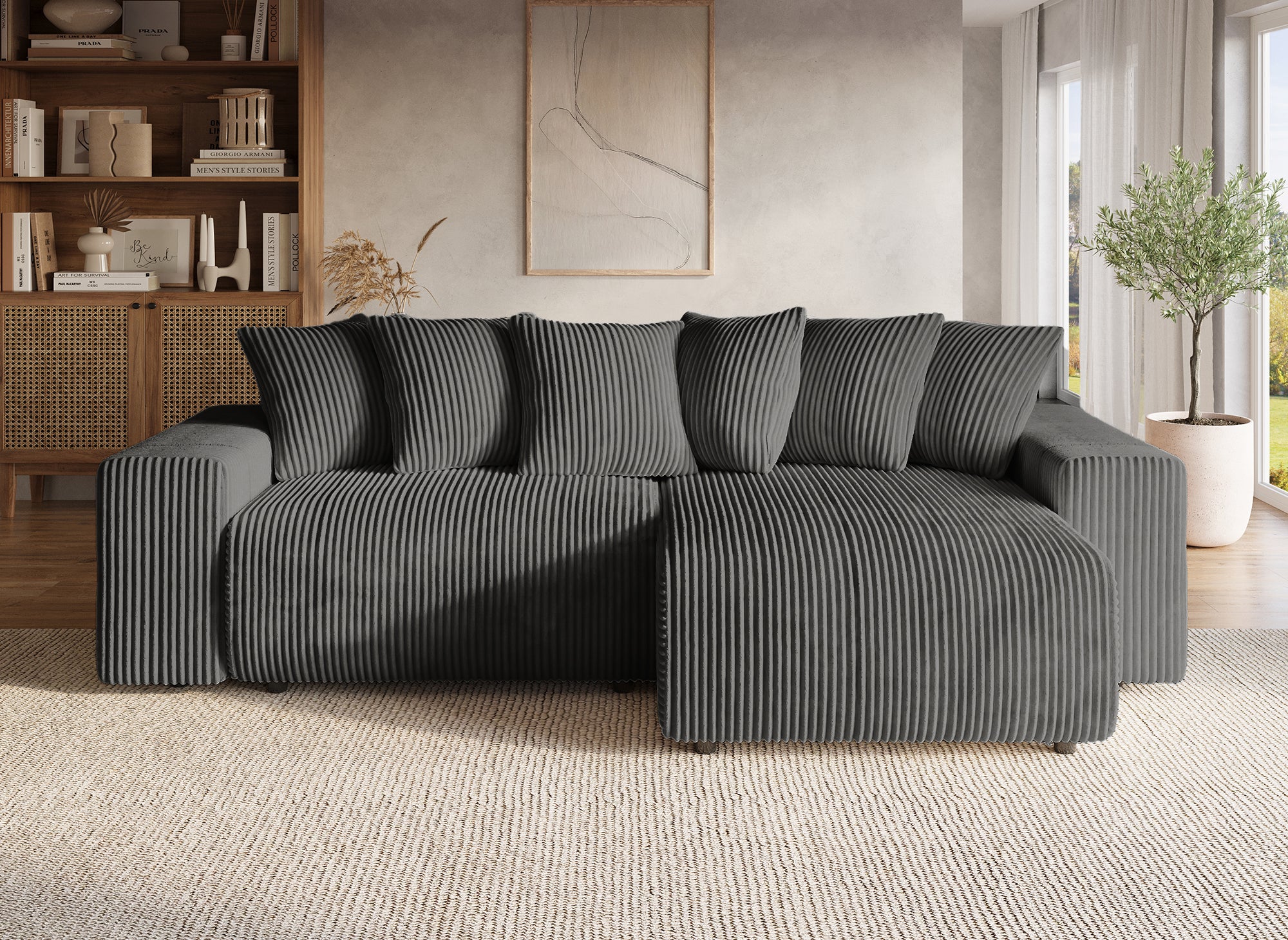 NOELIA, wendbares Ecksofa mit Bettkasten und Stauraum aus dickem grauem Cord