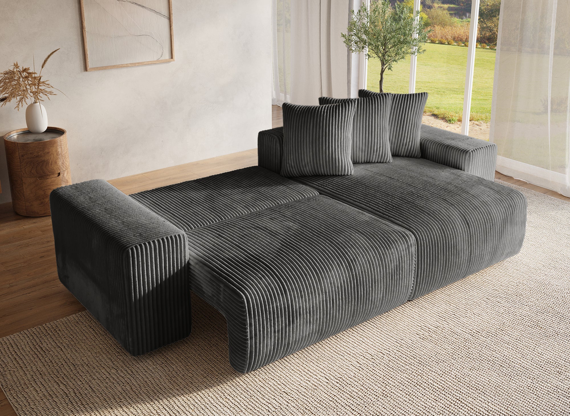 NOELIA, wendbares Ecksofa mit Bettkasten und Stauraum aus dickem grauem Cord