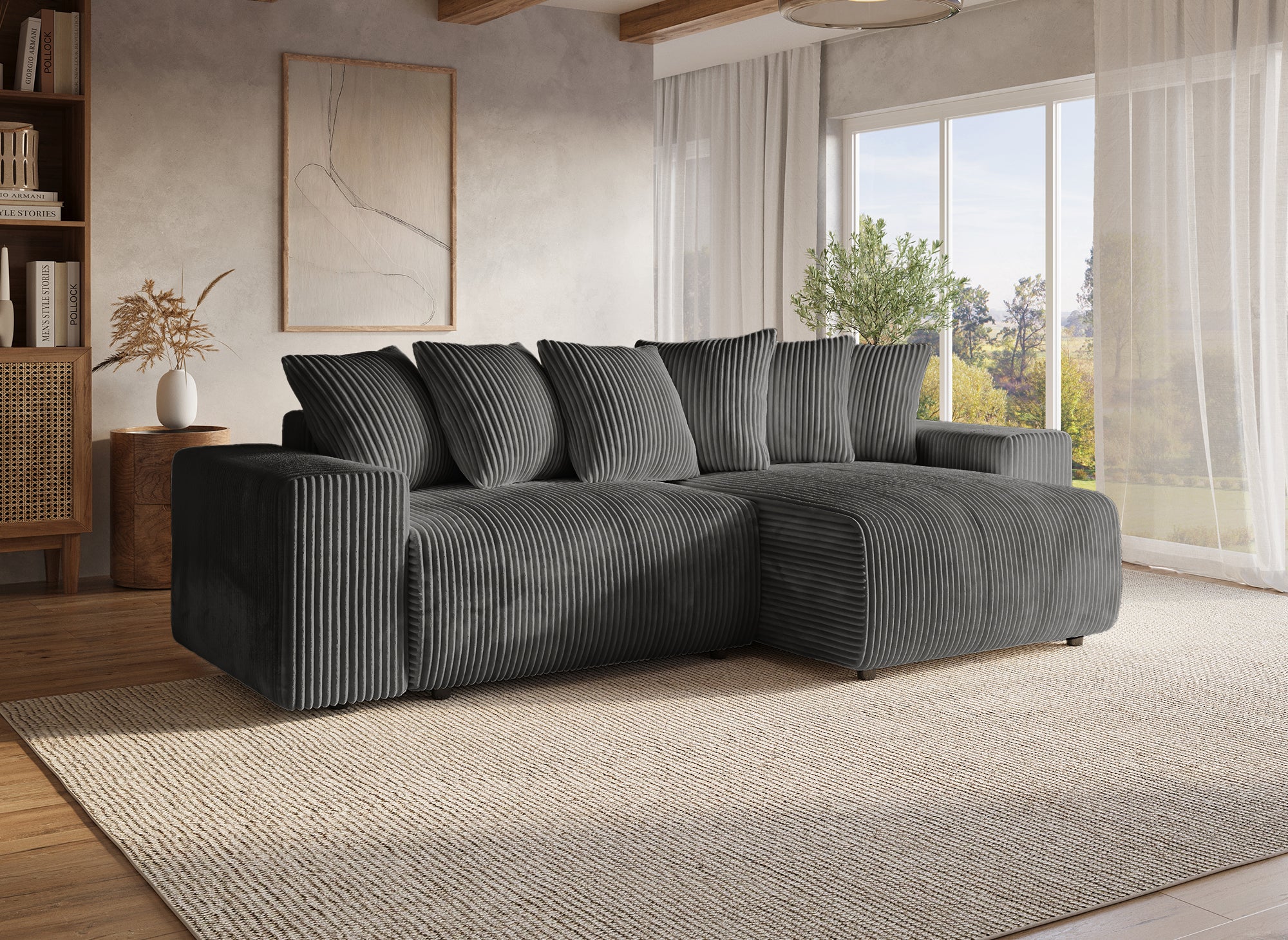 NOELIA, wendbares Ecksofa mit Bettkasten und Stauraum aus dickem grauem Cord